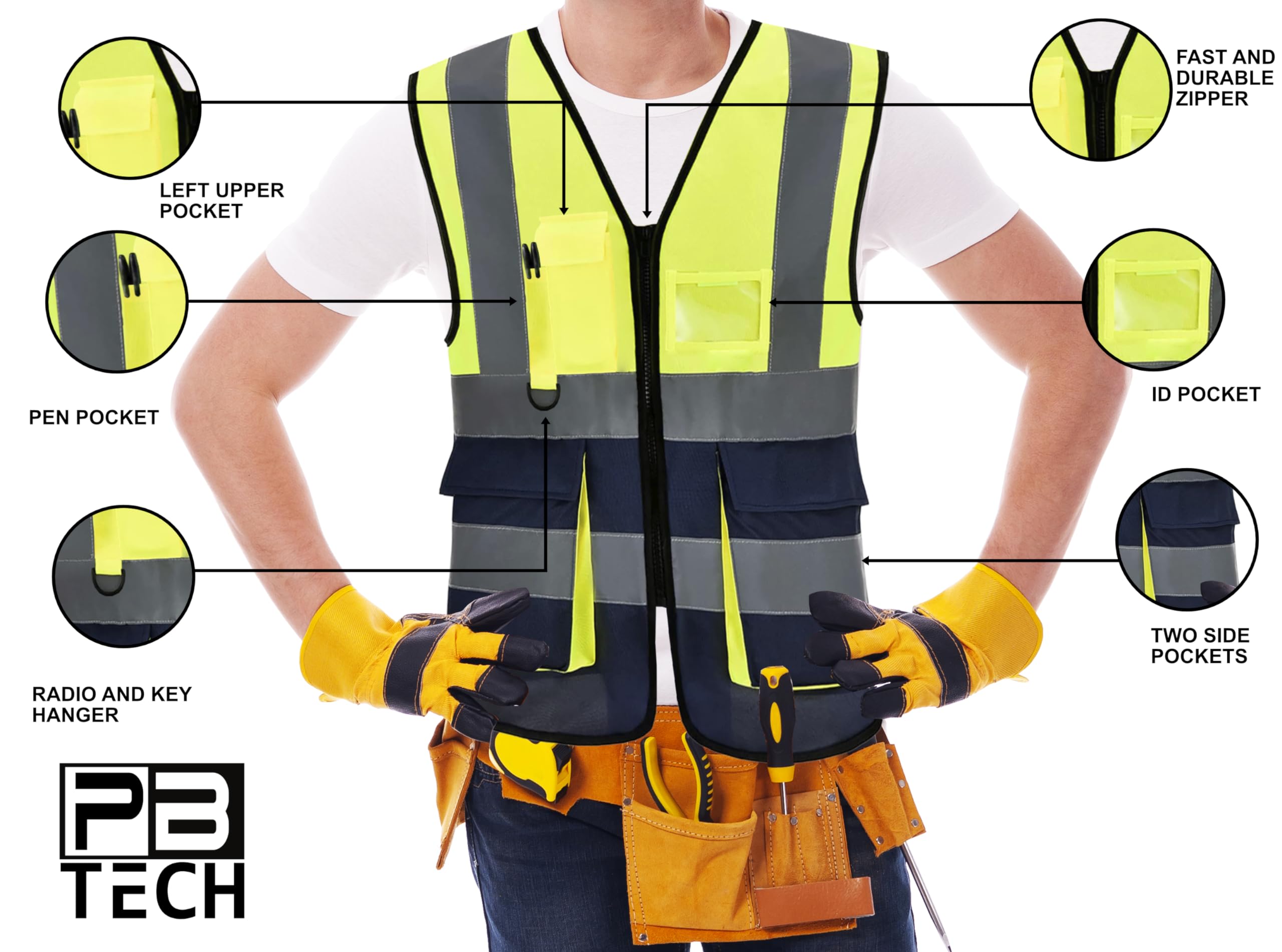 PB TECH Hi Vis Zipper Front High Visibility Reflective Vest Hi Vis Executive Jacket Vest Waistcoat ID & Multiple Pockets (Yellow & Navy - Image 3