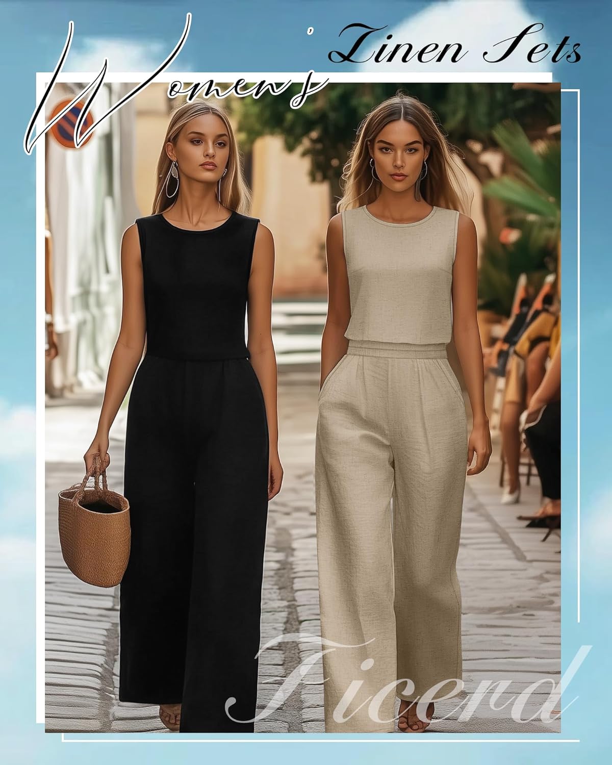 Ficerd Women 2 Piece Summer Outfits Linen beach Set Round Neck Sleeveless Crop Tank Tops Elastic High Waist Cropped Pants (Khaki,XX-Large) - Image 7