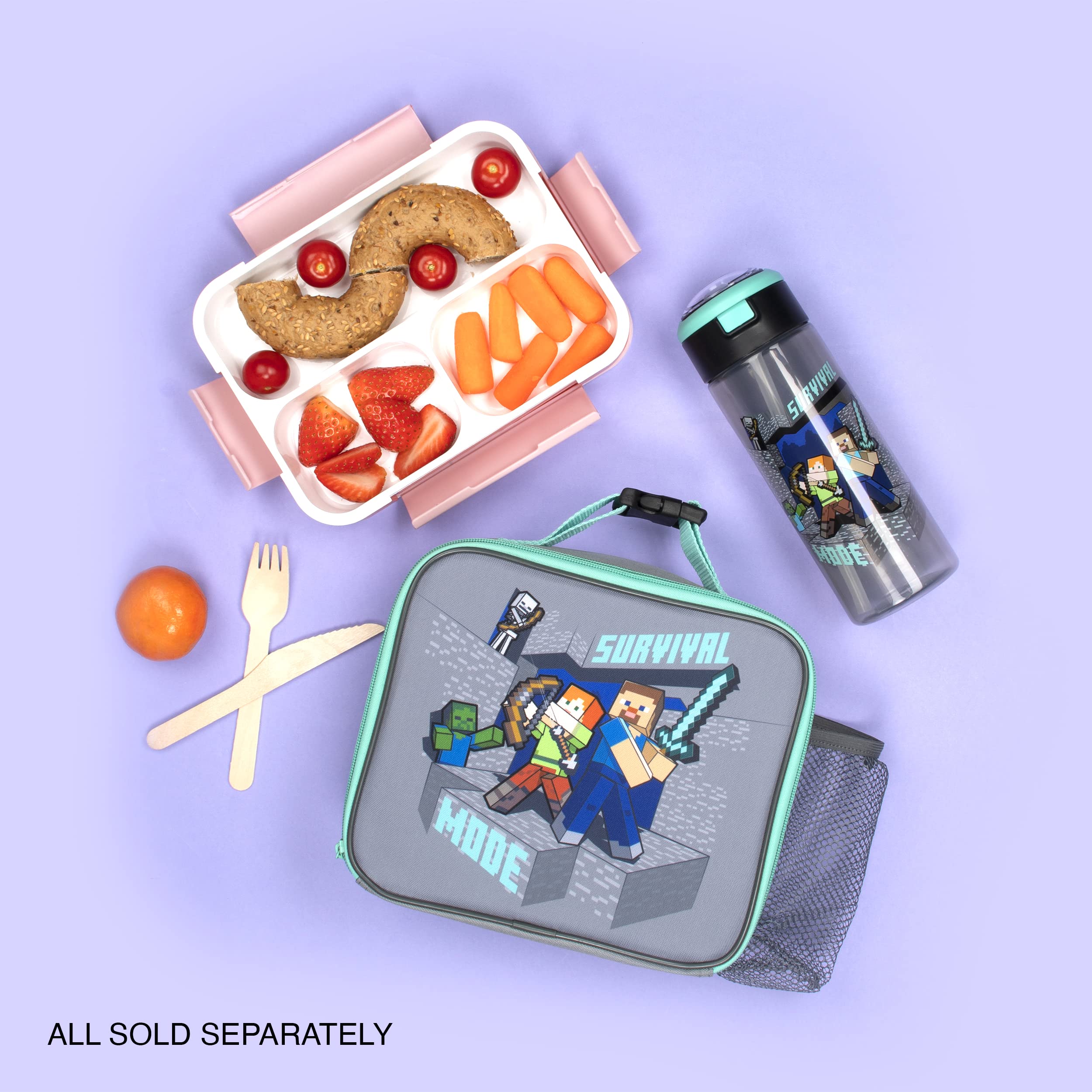 MINECRAFT - Borsa per il pranzo per bambini - Scatola da pranzo a tema videogiochi Steve & Alex - Tasca a rete - Maniglia per il trasporto con clip - Regali Merce ufficiale