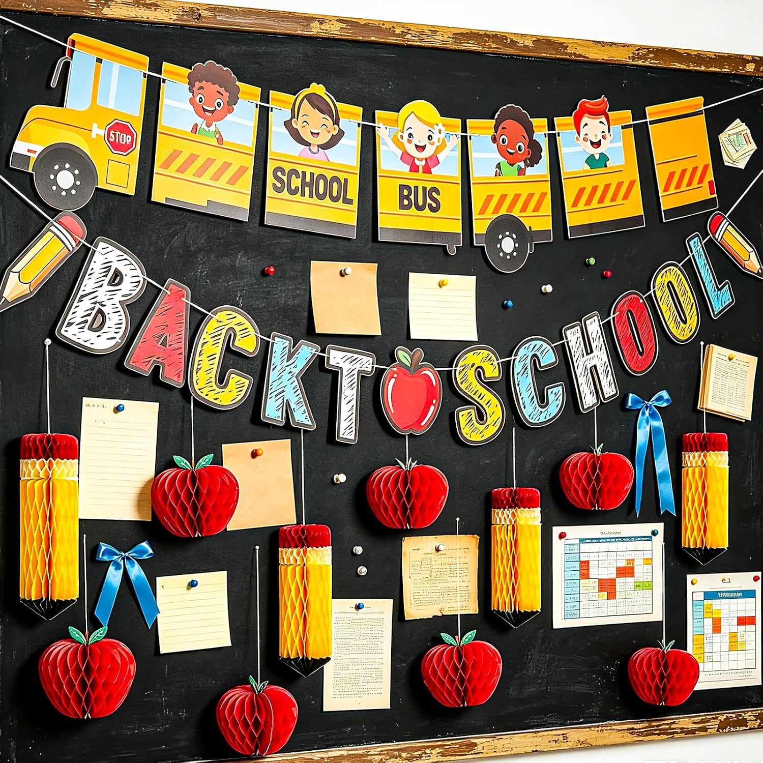 Back to School Decoration, First Day of School Sign with School Bus Banner, Apple & Pencil Honeycomb for Kindergarten Graduation, Teacher Party, Classroom, Preschool and School Themed Party