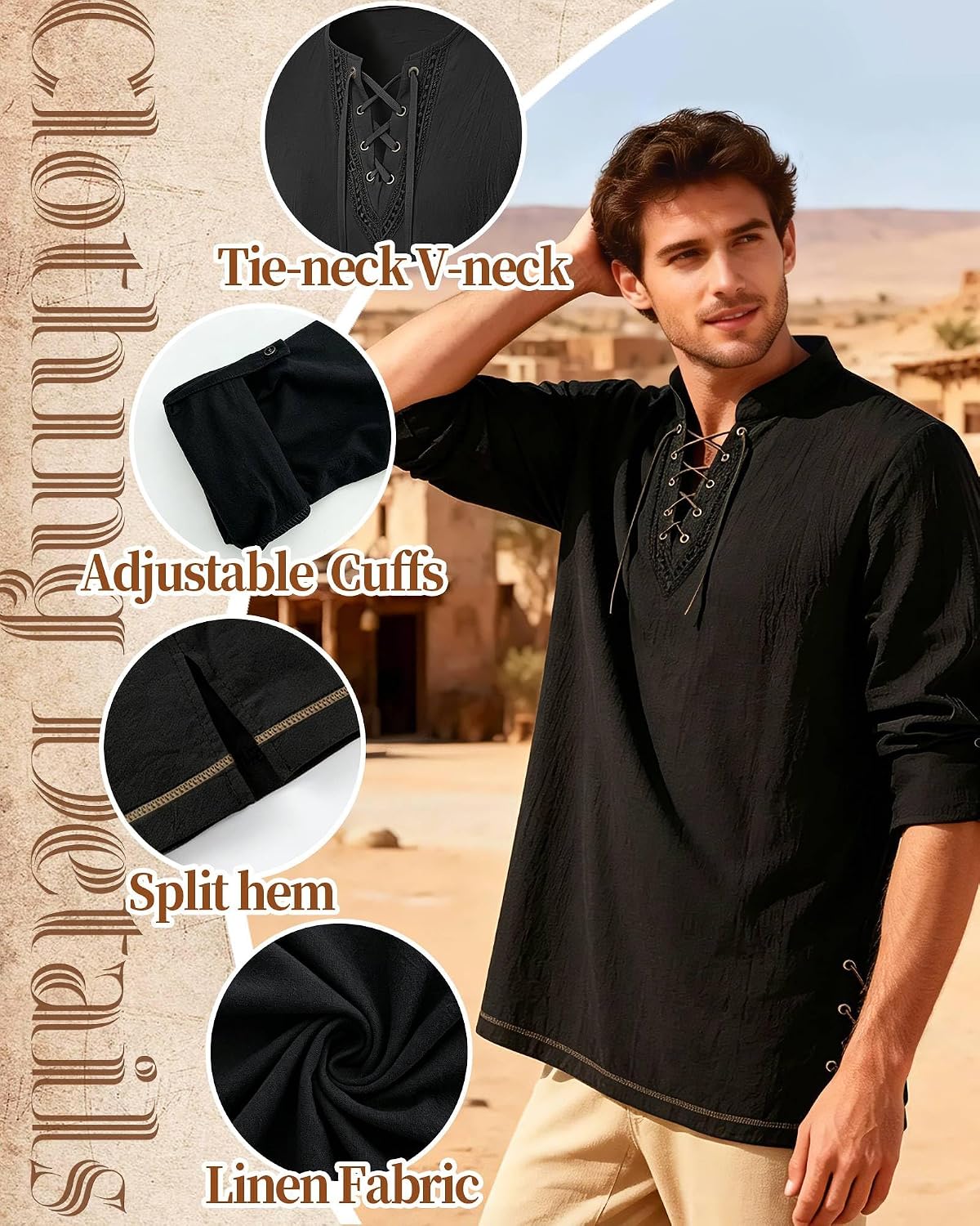 Renaissance Costume Men Pirate Shirt Cotton Linen Mens Renaissance Shirt for Halloween Viking Pirate Cosplay