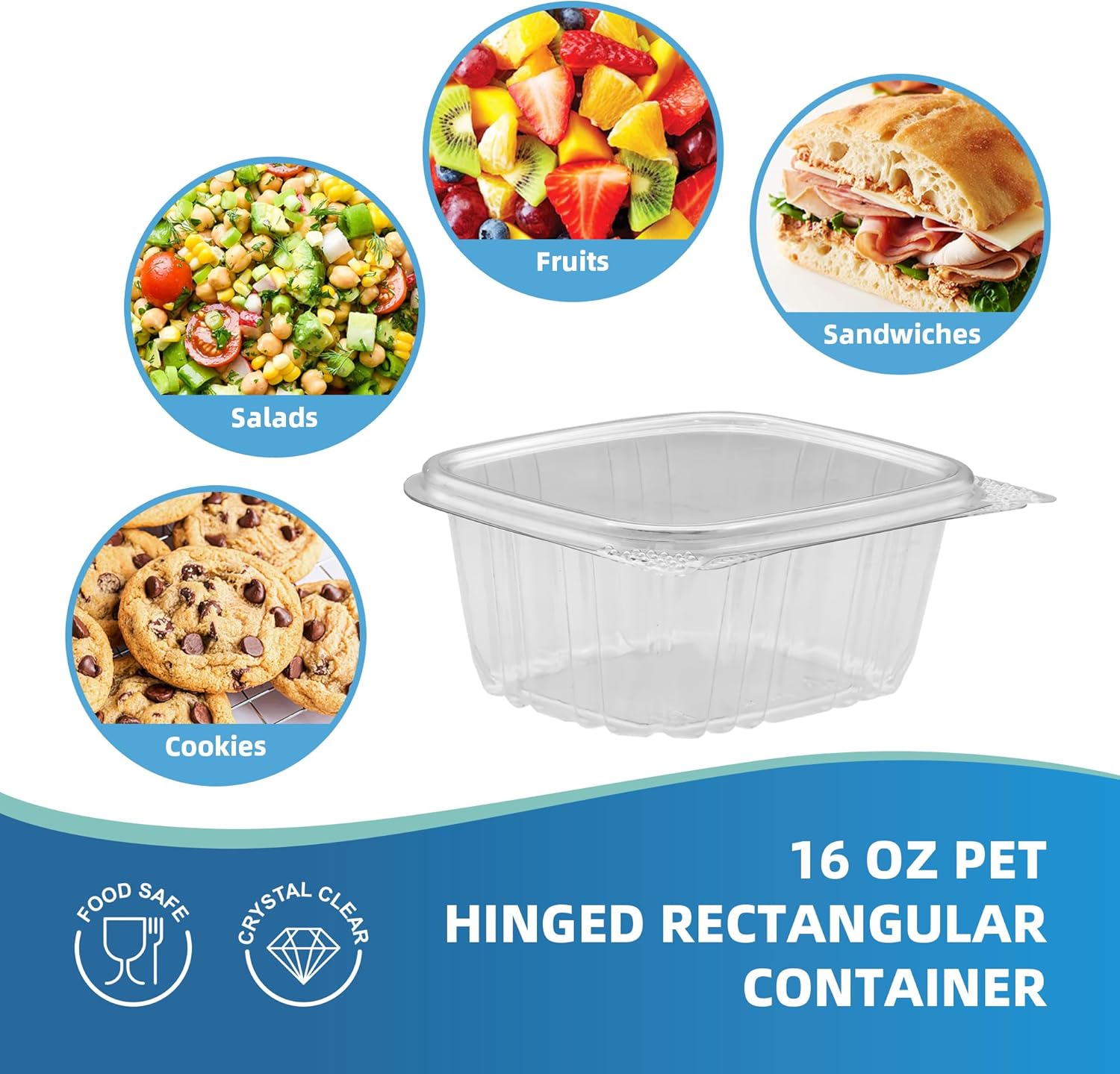 200 Pack Clamshell Containers,16oz Clear Rectangle Plastic To Go Containers, Freezable for Berries, Fruits & Meal Prep