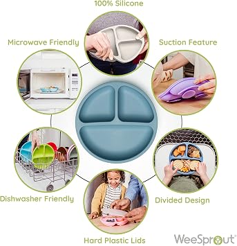 WeeSprout 3 Suction Plates with Lids & 3 Soft-Tip Spoons Bundle - Complete Mealtime Set - Silicone Baby Dinnerware - Divided Toddler Plates - Microwave & Dishwasher Safe