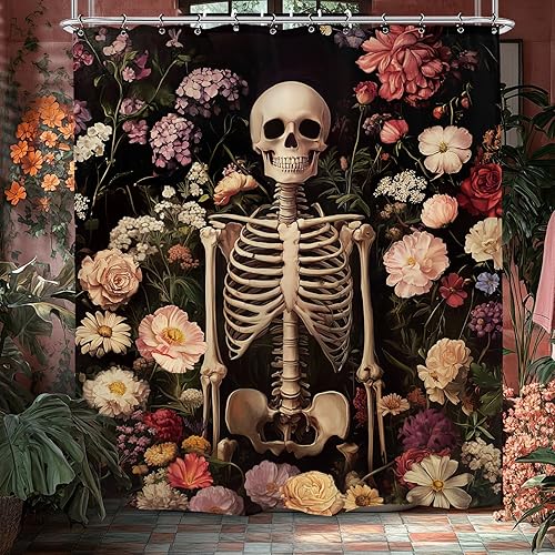 Yookeb Cortina de ducha gótica de Halloween con diseño de esqueleto de 60 pulgadas de ancho por 71 pulgadas de alto, diseño de calavera gótica,