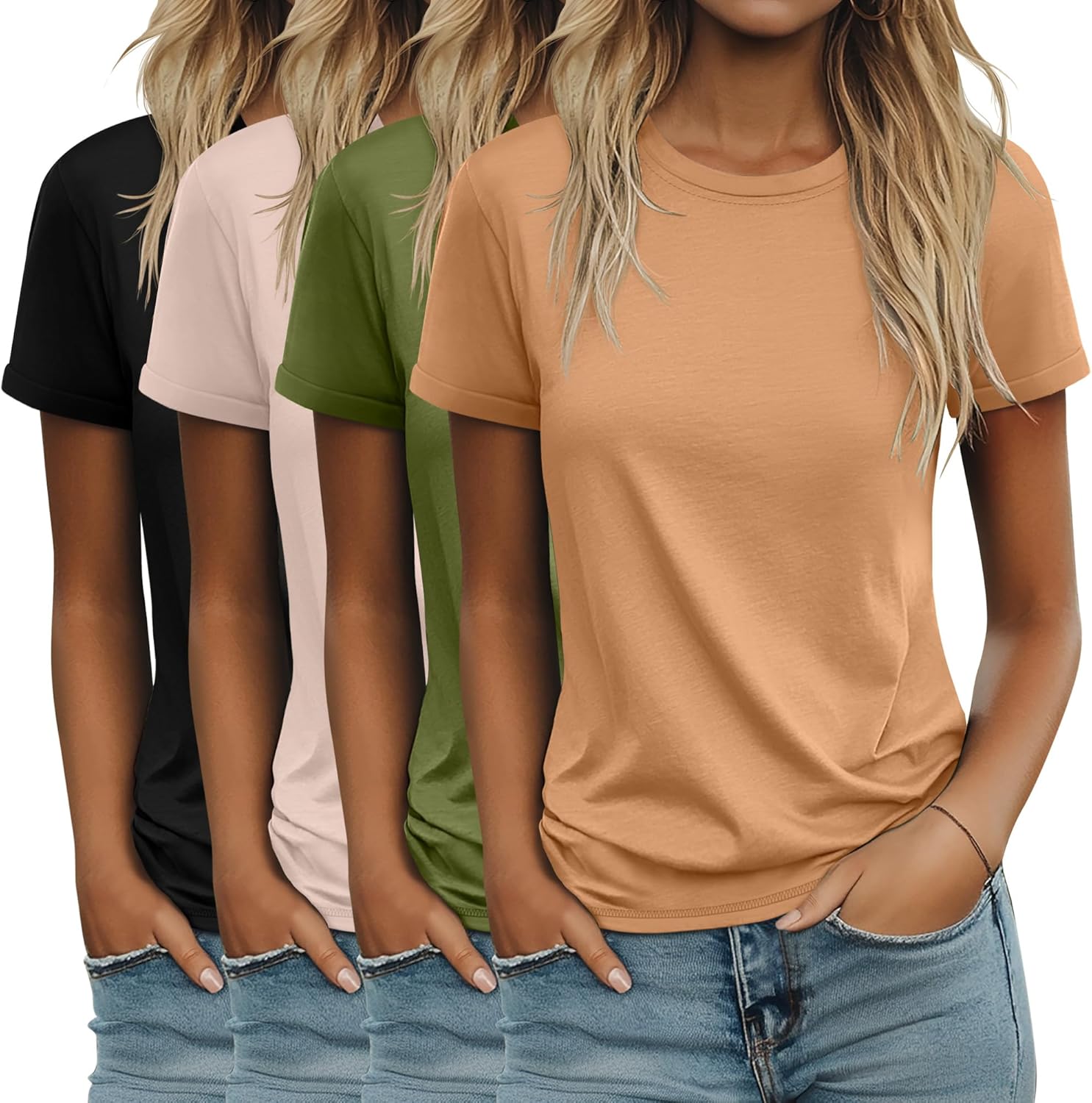 Ficerd 4 Pack Women's Cotton T Shirts Casual Short Sleeve Tunic Tops Crewneck Plain Summer Loose Fit Rolled Sleeve Basic Tee