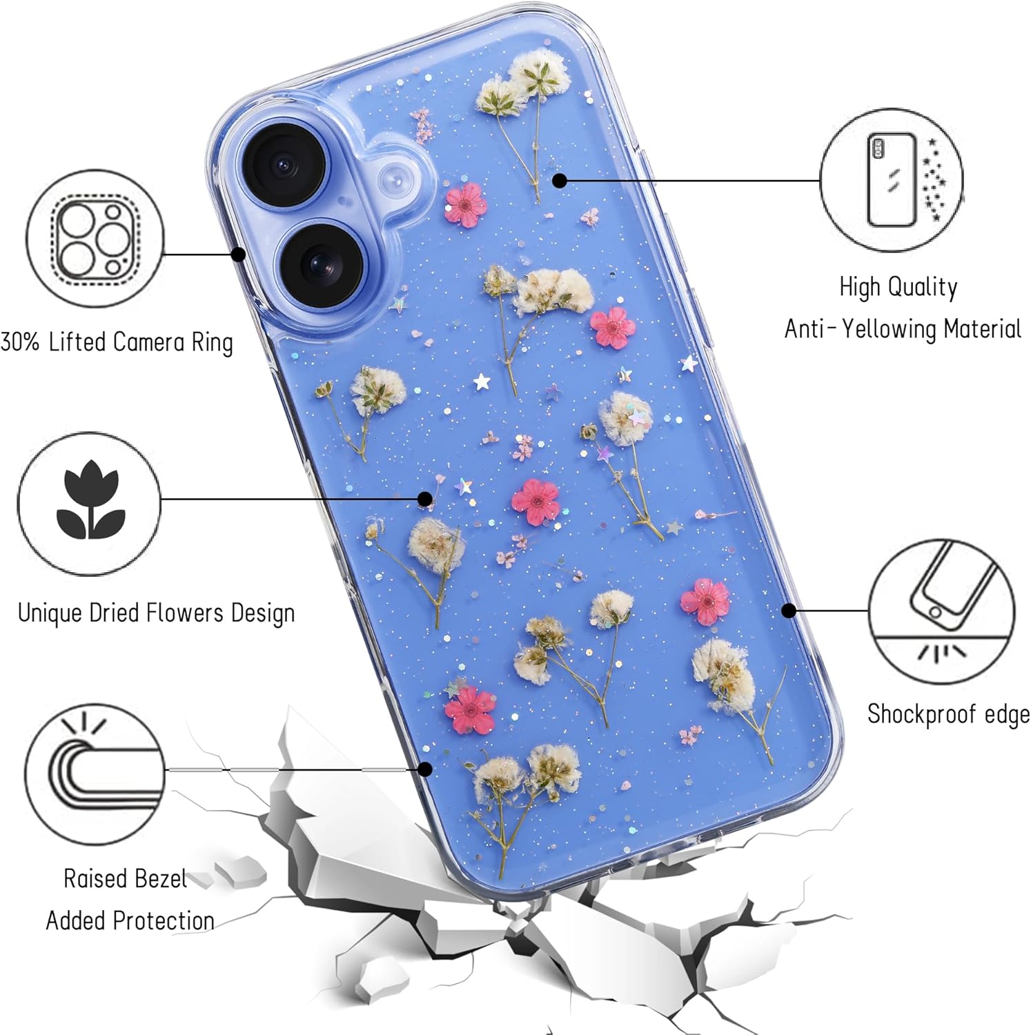 YUCHii for iPhone 16 Clear Case,Aesthetic Floral Phone Case with Pressed Real Flowers Design,Glitter Cute Floral Pattern Women's Phone Case Slim Soft TPU Protective Girl's Phone Cover for iPhone 16 - Image 8