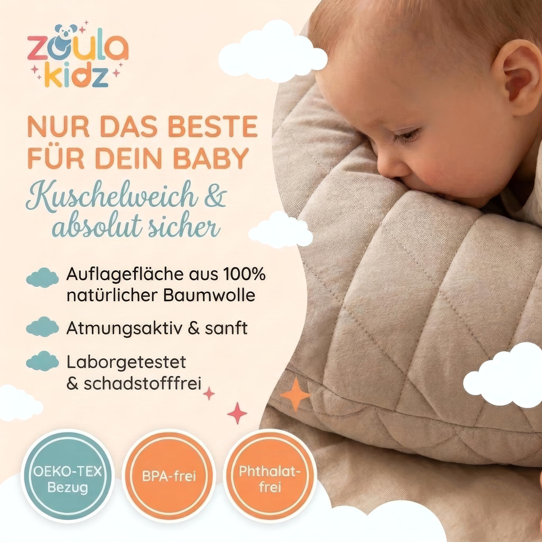 zoula kidz® Aufblasbares Stillkissen Klein - Stillmond Mondkissen Nursing Pillow für Reisen & Unterwegs - Stillhörnchen mit OEKO-TEX Baumwollbezug - flexible Festigkeit & Höhe, waschbar & atmungsaktiv