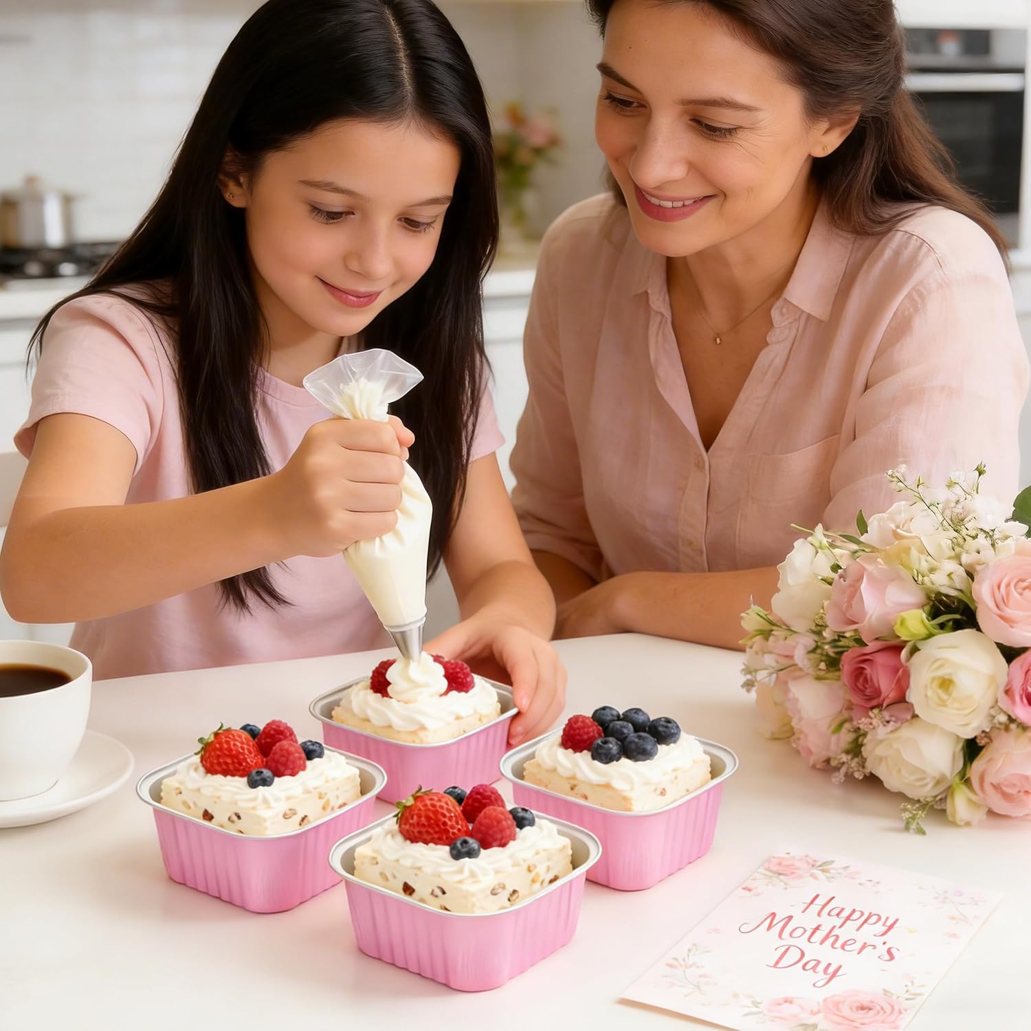 NPLUX 50 Pcs Mini Cake Pans with Lids and Spoons Aluminum Foil Mini Square Baking Cups with Lids Disposable Ramekins Cake Pans Dessert Cups for Wedding Mothers Day Gifts Party Favors(Pink,5oz)