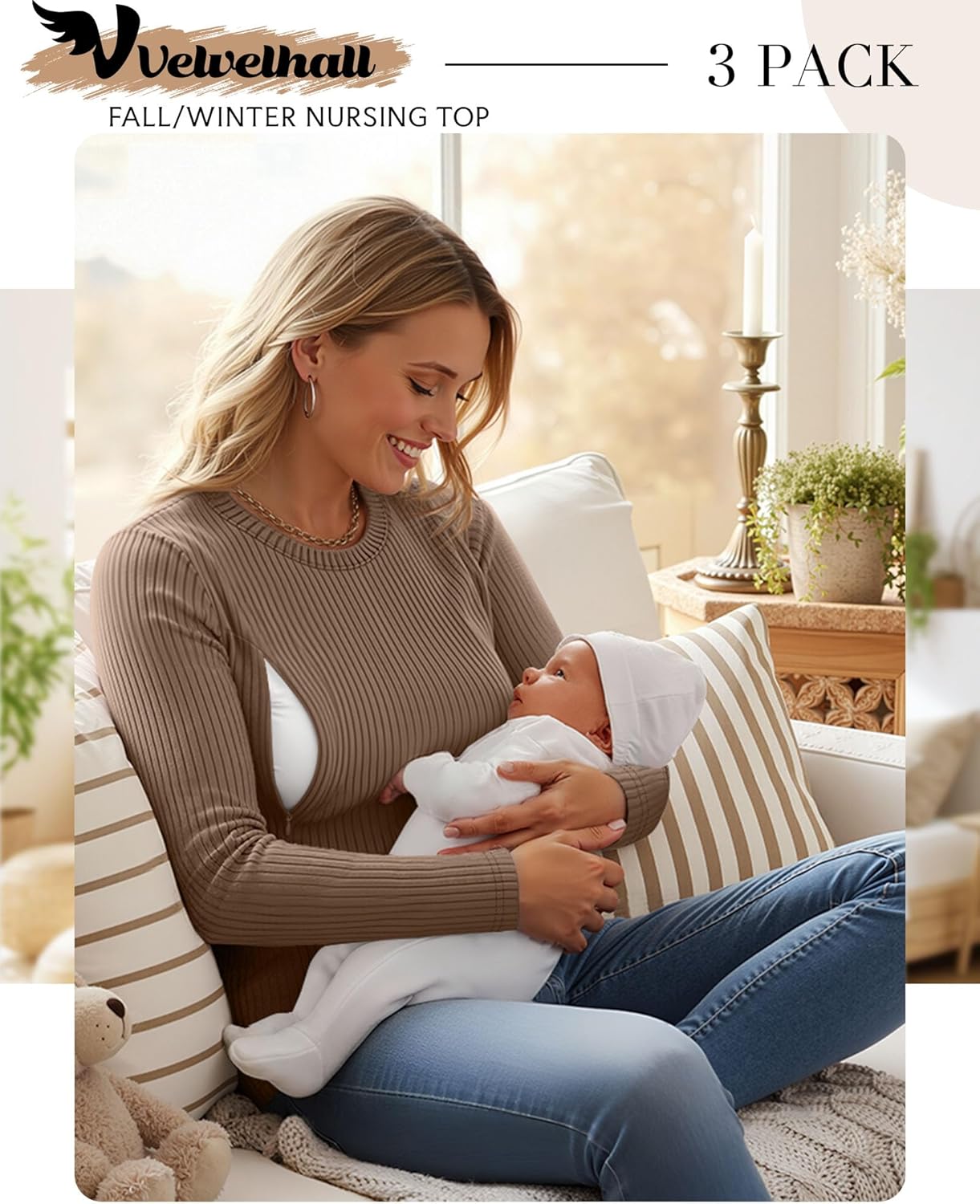 3 Pack Women's Nursing Shirts Ribbed Long Sleeve Breastfeeding Tops with Hidden Zipper Maternity Clothes - Image 2