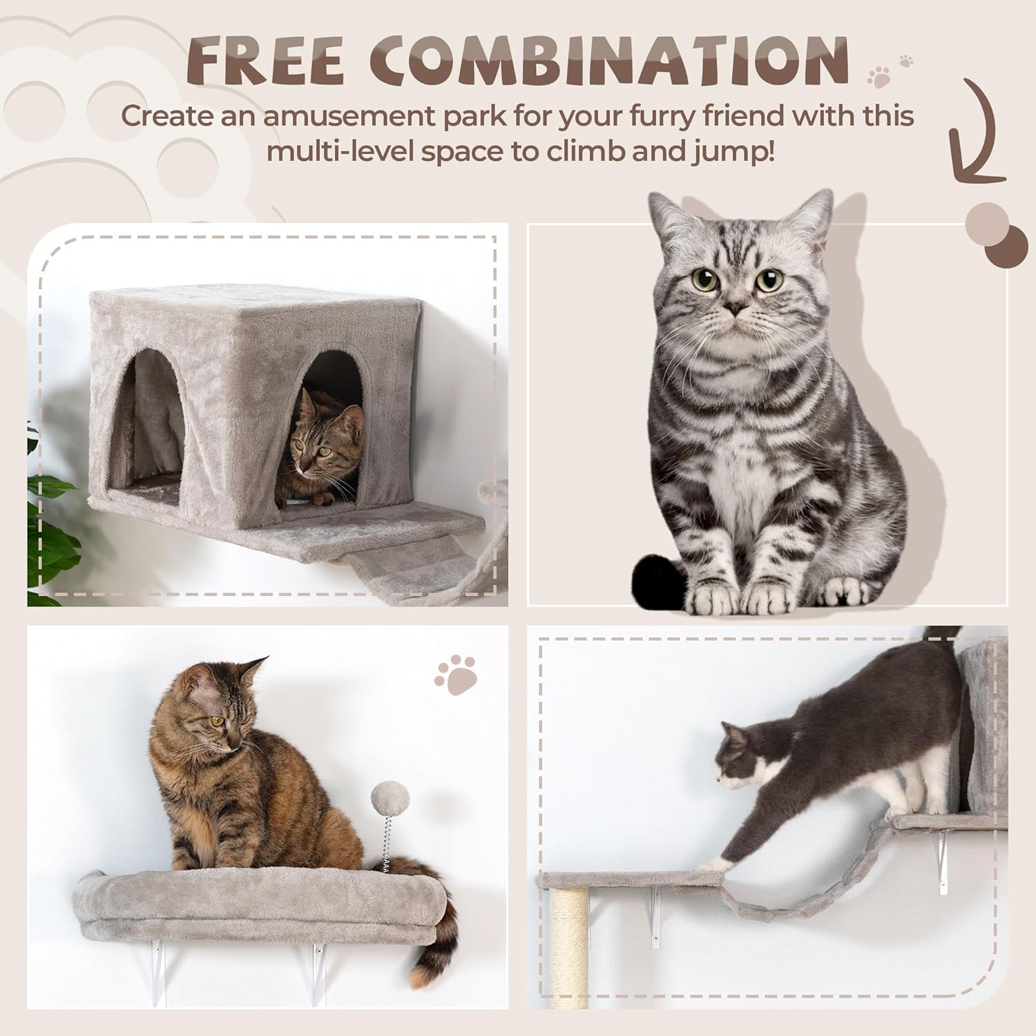 Multiple cats interacting with different parts of the wall furniture set, showcasing its versatility.