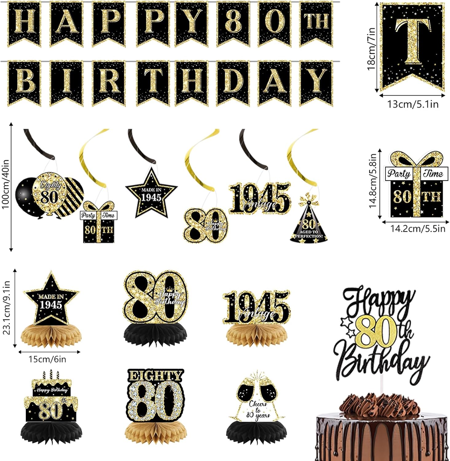 80th birthday decorations for men, black gold back in 1945 birthday banner decorations, vintage 80th birthday table decorations, cake topper, balloons, backdrop, sash party supplies for men black gold 80th