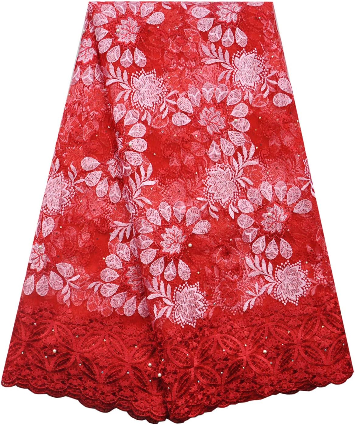 SanVera17 African Lace Net Fabrics Nigerian French Fabric Rope Embroidered and Manual Beading Guipure Cord Lace for Party Wedding 5 Yards (Red)