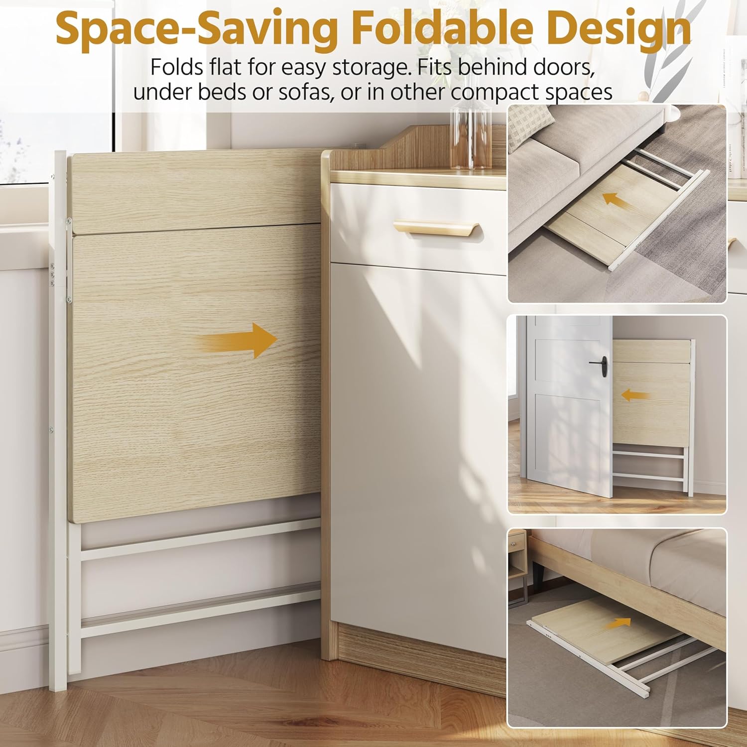 Images showing the desk folded flat for storage, fitting behind doors, under beds, or sofas.
