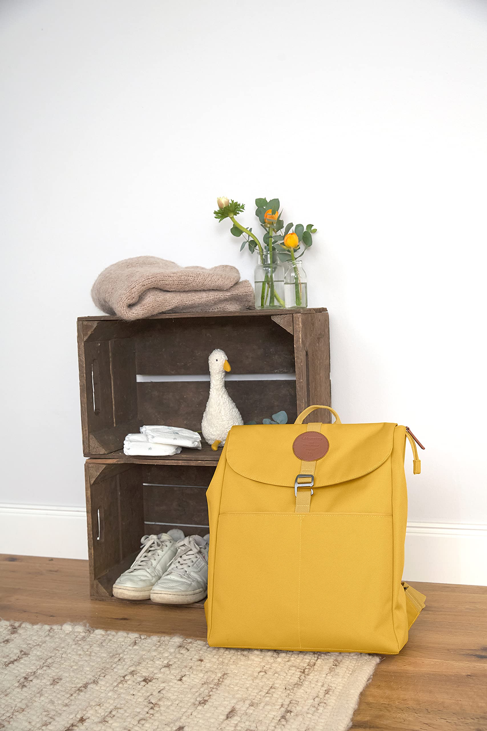 LÄSSIG Baby Wickelrucksack Wickeltasche Babytasche stylische Tasche inkl. Wickelzubehör/Backpack Adventure lemon curry