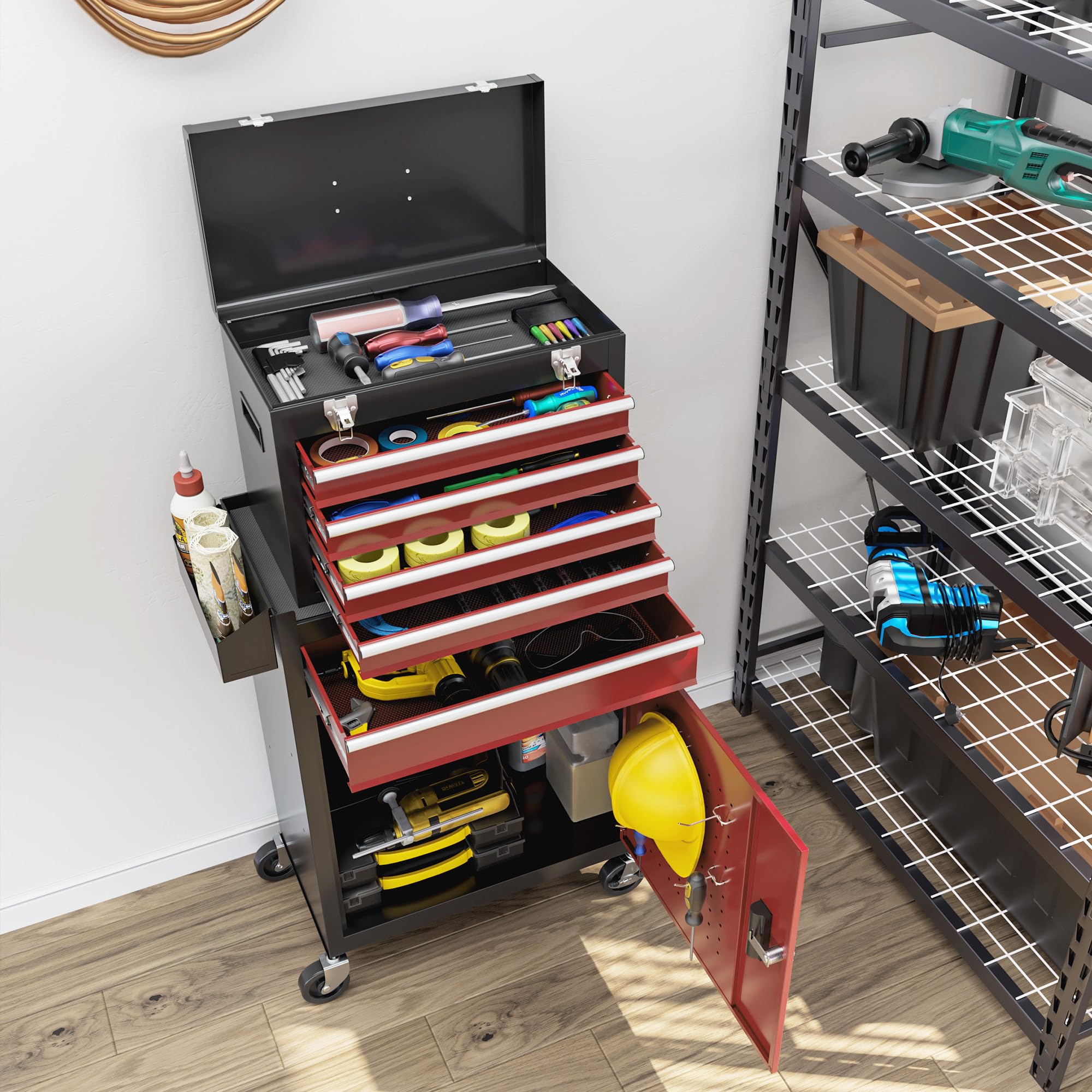 HOMCOM Carro de Herramientas con 5 Cajones y Cerraduras Carro de Taller con Ruedas Caja de Herramientas de Acero con Puerta Extraíble para Taller Garaje Negro y Rojo