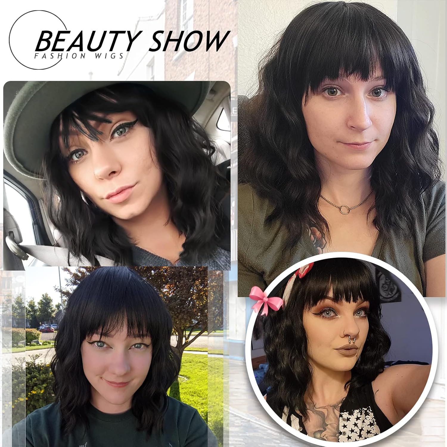 Nnzes Black Wavy Wigs with Bangs Women’s Short Black Bob Wig Synthetic Natural Looking Heat Resistant Fiber Hair - Image 6