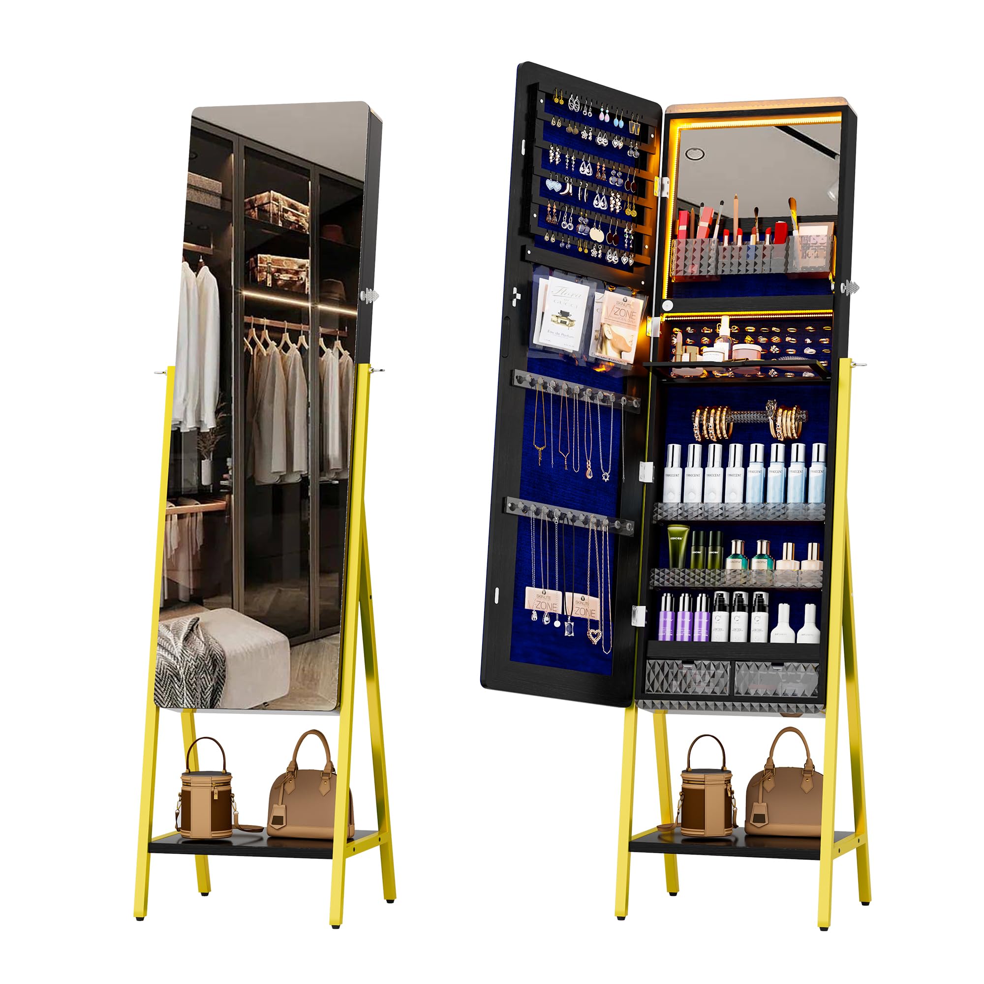 Lvifur Armoire à Bijoux avec Miroir, Armoire de Maquillage Verrouillable Rotative à 360 Degrés avec Plusieurs Compartiments Noir