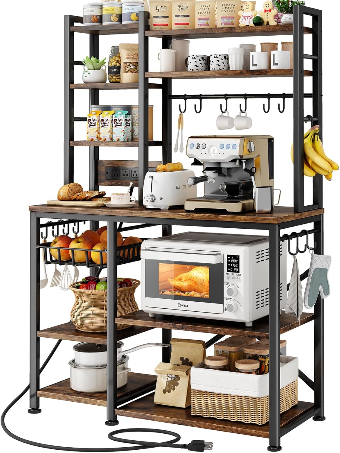 baker rack with power outlet - microwave stand with storage, large coffee bar station with 14 hooks, metal kitchen shelf rack for spices, pots (rustic brown)