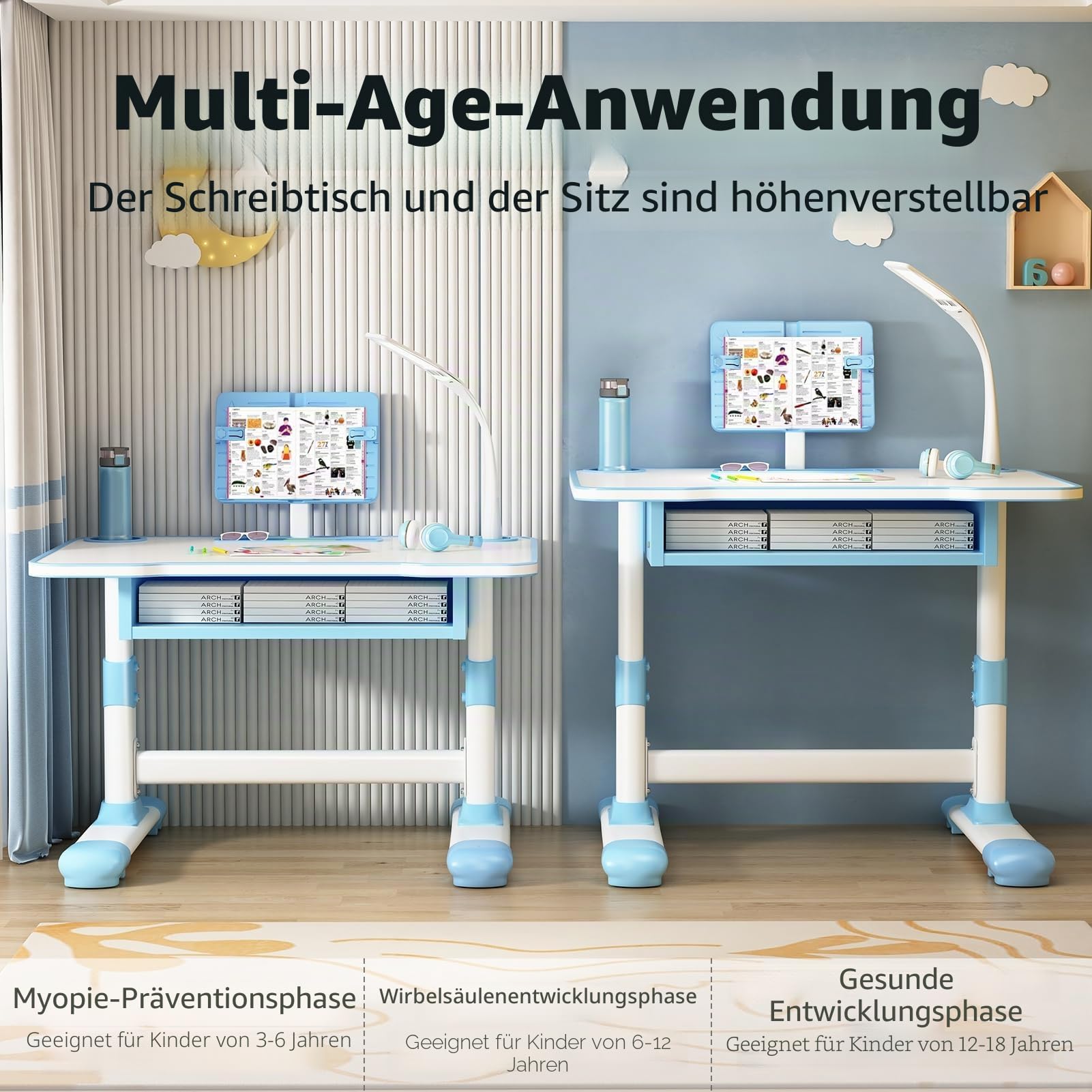 Höhenverstellbarer Schreibtisch und Stuhl für Kinder, höhenverstellbarer Arbeitsschreibtisch mit neigbarem Leseständer, extra breite Schublade, LED-Schreibtischlampe, für Kinder von 3 bis 18