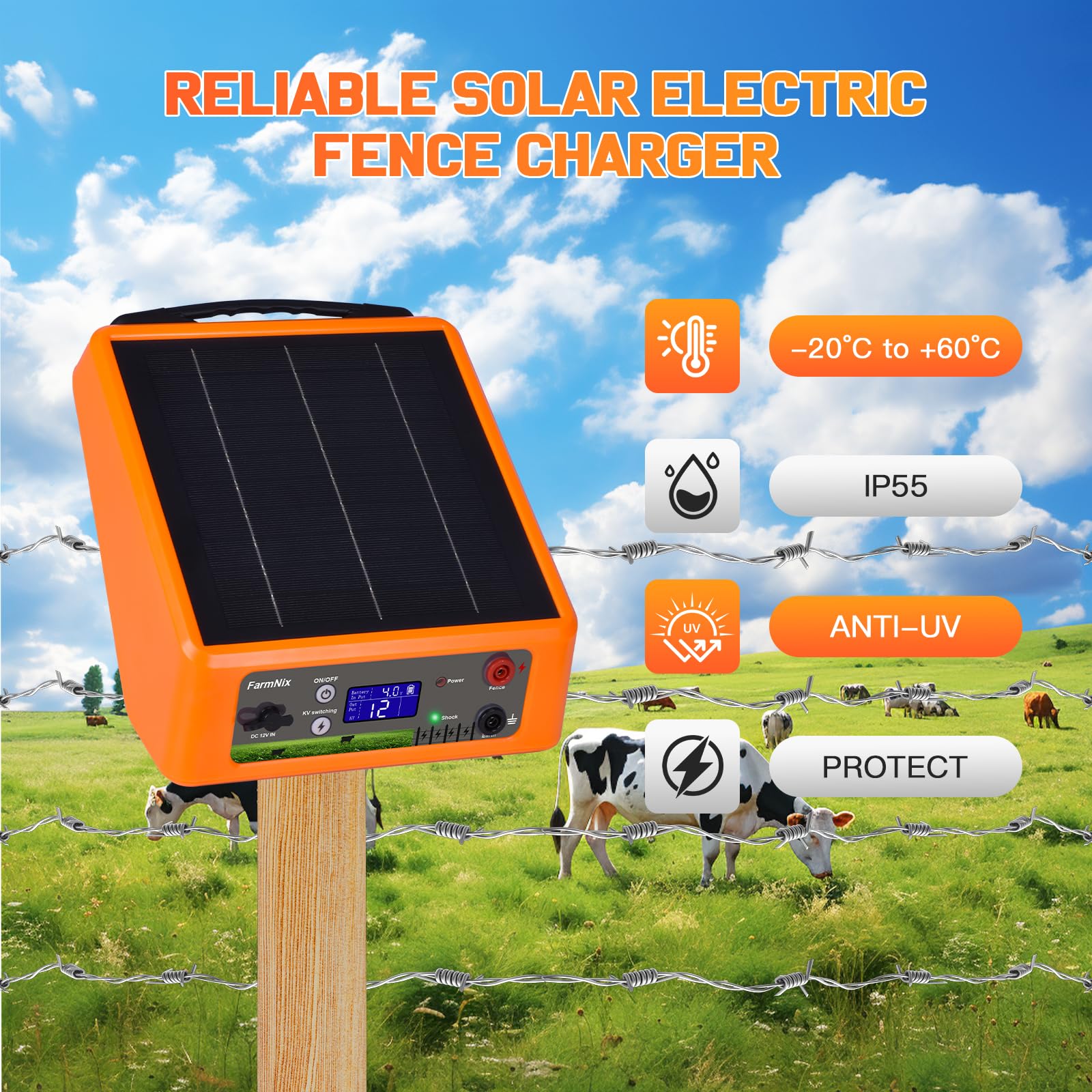 Pastor Eléctrico Solar 32KM con Batería Litio 18Ah, Salida Ajustable 6-12KV 0.3-2.0J, Panel Solar 6W IP55 para Caballos, Ganado, Ovejas, Jabalíes