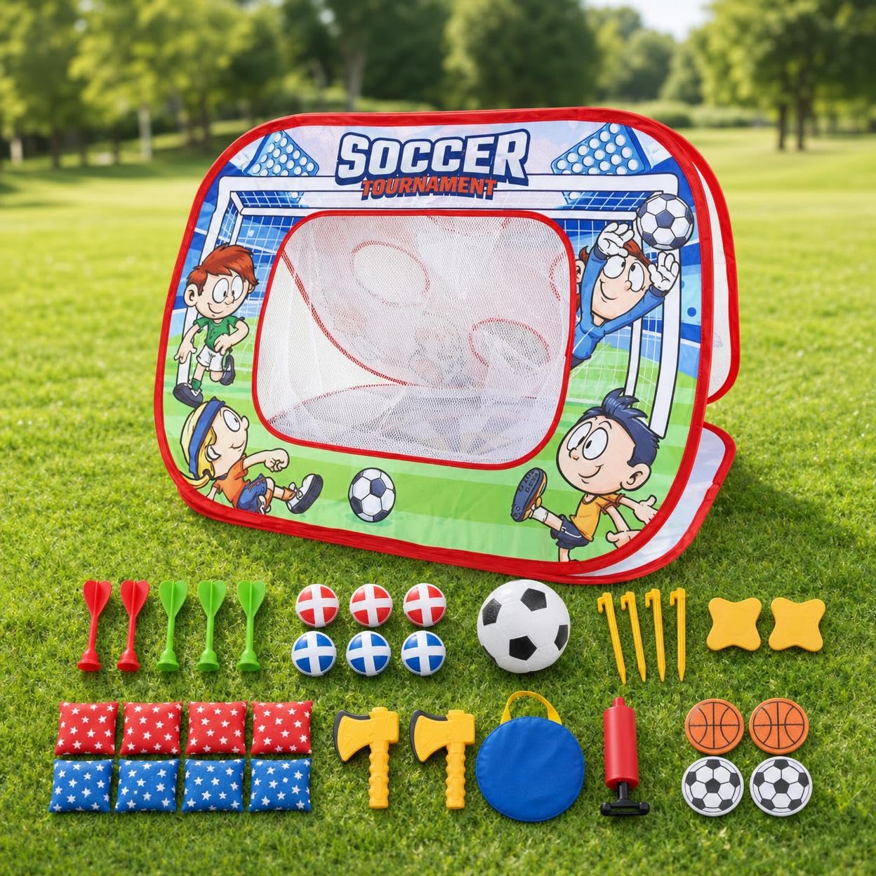 Giochi di lancio per bambini 4-6 anni, set da gioco all'aperto pieghevole, con bersaglio, calcio e palla appiccicosa, per feste e giardino