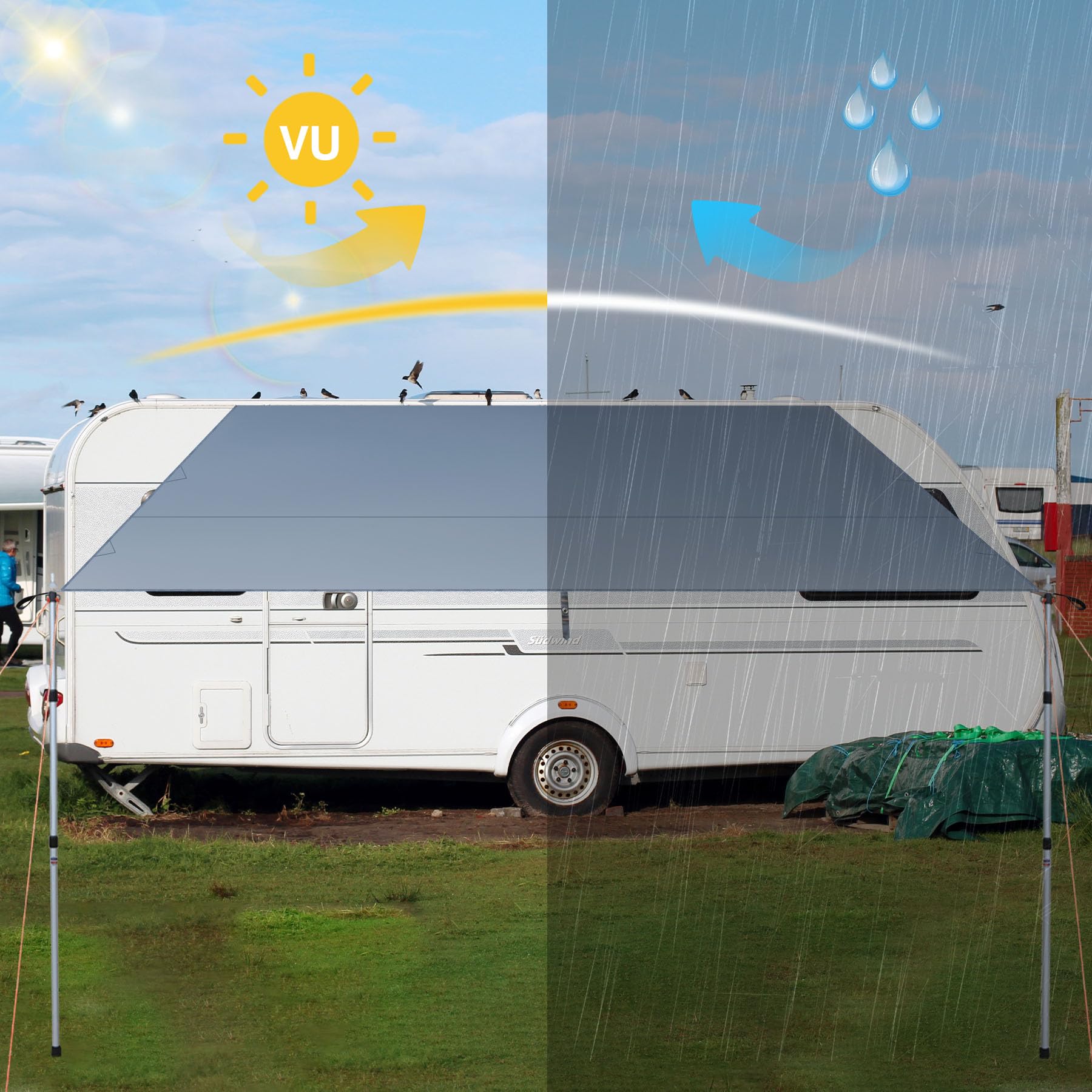 REDCAMP Sonnensegel Auto, Markise für Kleiner Wohnwagen, 2,5 x 2,4 m | 2 Keder (6/8mm), 2 Saugnäpfe, 3 Zeltstangen, 5 Windseile, wasserdicht, UV-Schutz, Vorzelt für SUV Van Camping
