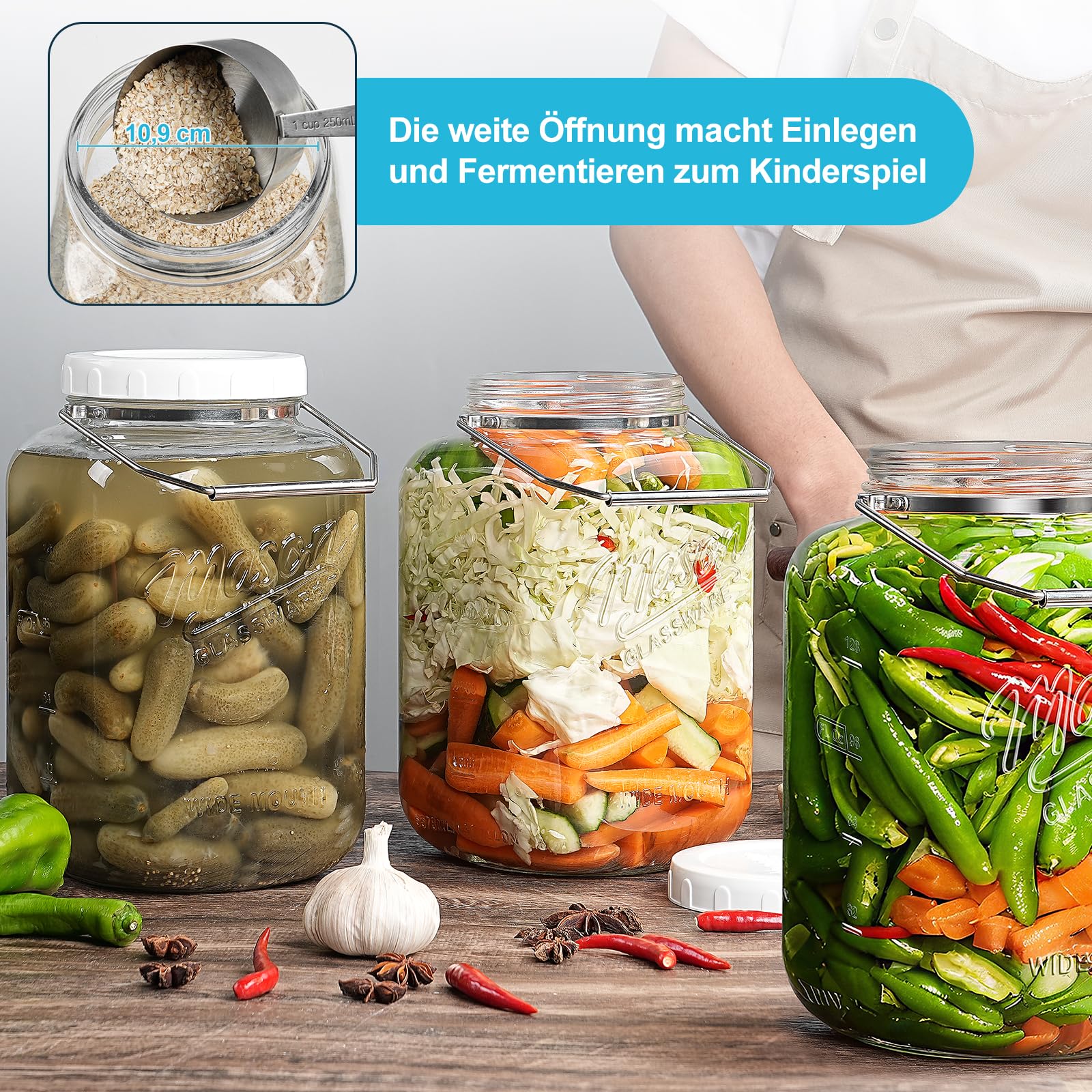 Absovetu Vorratsgläser mit Schraubdeckel, 5,5 L, 2 Stück Einmachgläser Groß | Einmachglas 5l, Einmachgläser mit Deckel Luftdicht, Fermentiergläser, Für Kimchi Kombucha Mehl Spaghetti Süßigkeiten Keksdose