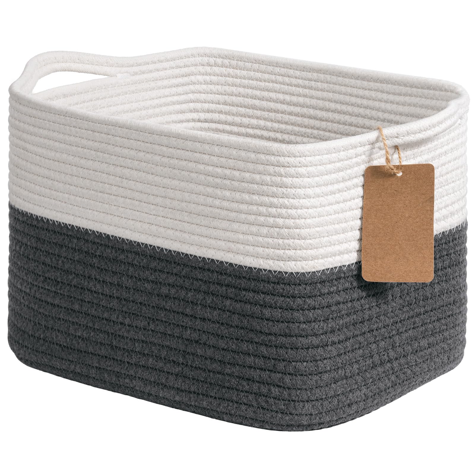 Timeyard White Dark Gray Woven Storage Basket For Shelves, Baskets For Organizing, Cotton Rope Baskets With Handles, Rectangle Basket For Baby Toy Storage, 33 X 25.4 X 22.9 Cm, White & Dark Gray
