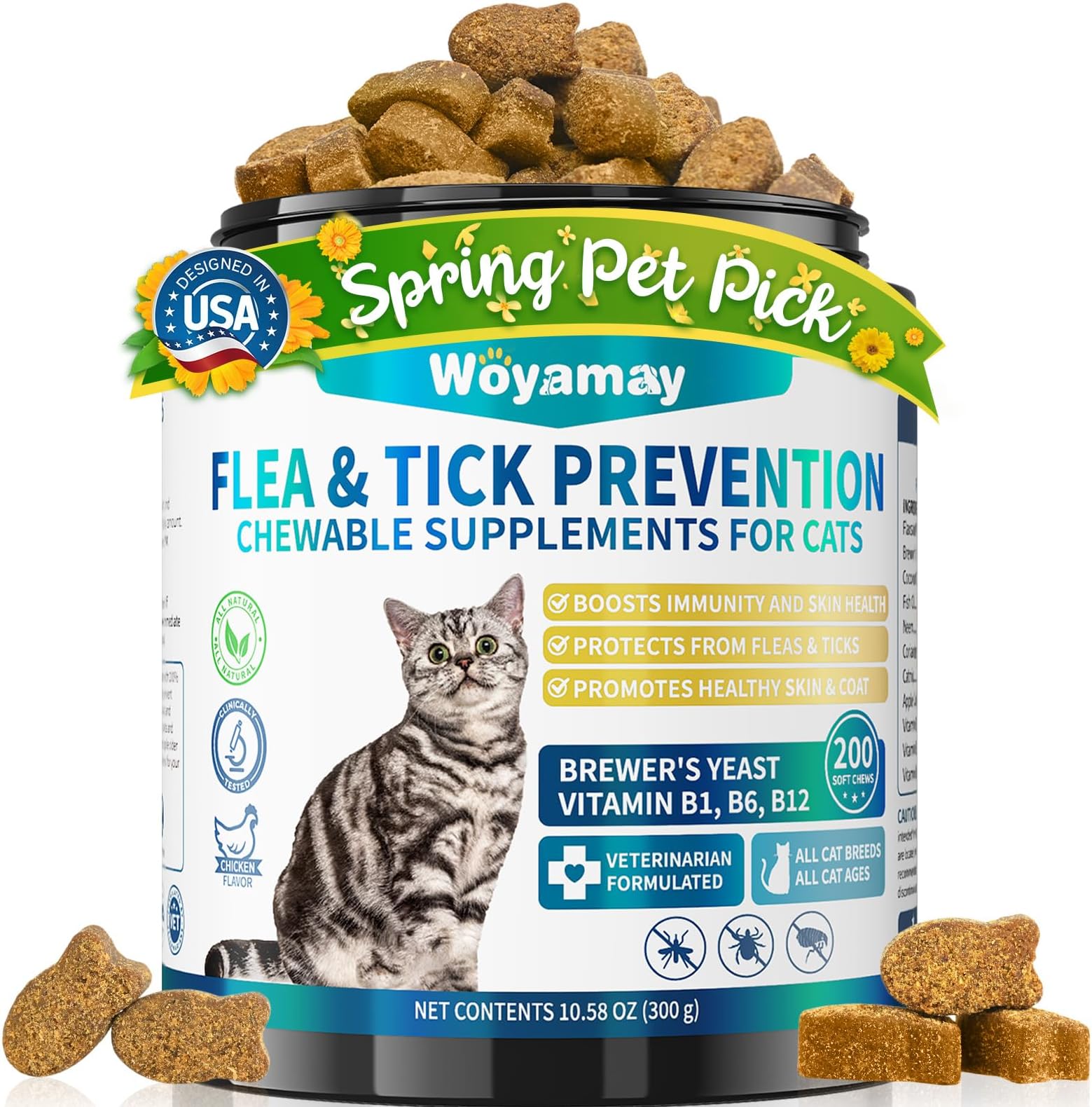 Flea Treatment for Cats, 200 Treats Flea and Tick Prevention for Cats Chewables, Natural Cat Flea and Tick Treatment Chews Daily Oral Flea Supplement, Kitten Cat Flea Treatment, Chicken Flavor