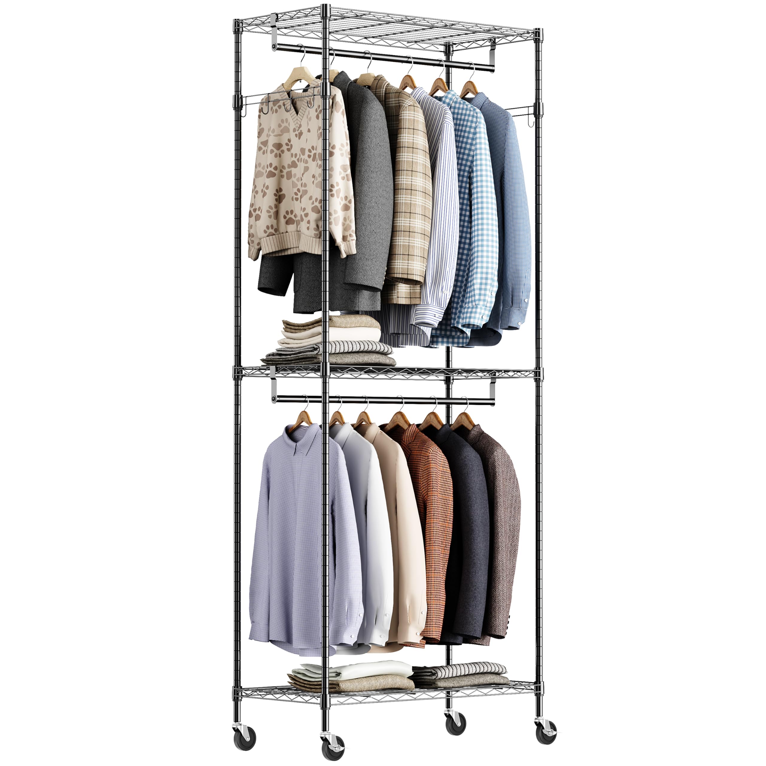 IZEUK ハンガーラック キャスター付き 3段 ハンガーパイプ2本 　幅75 Amazon｜IZEUK ハンガーラック 3段 収納棚 ハンガーパイプ1本 多