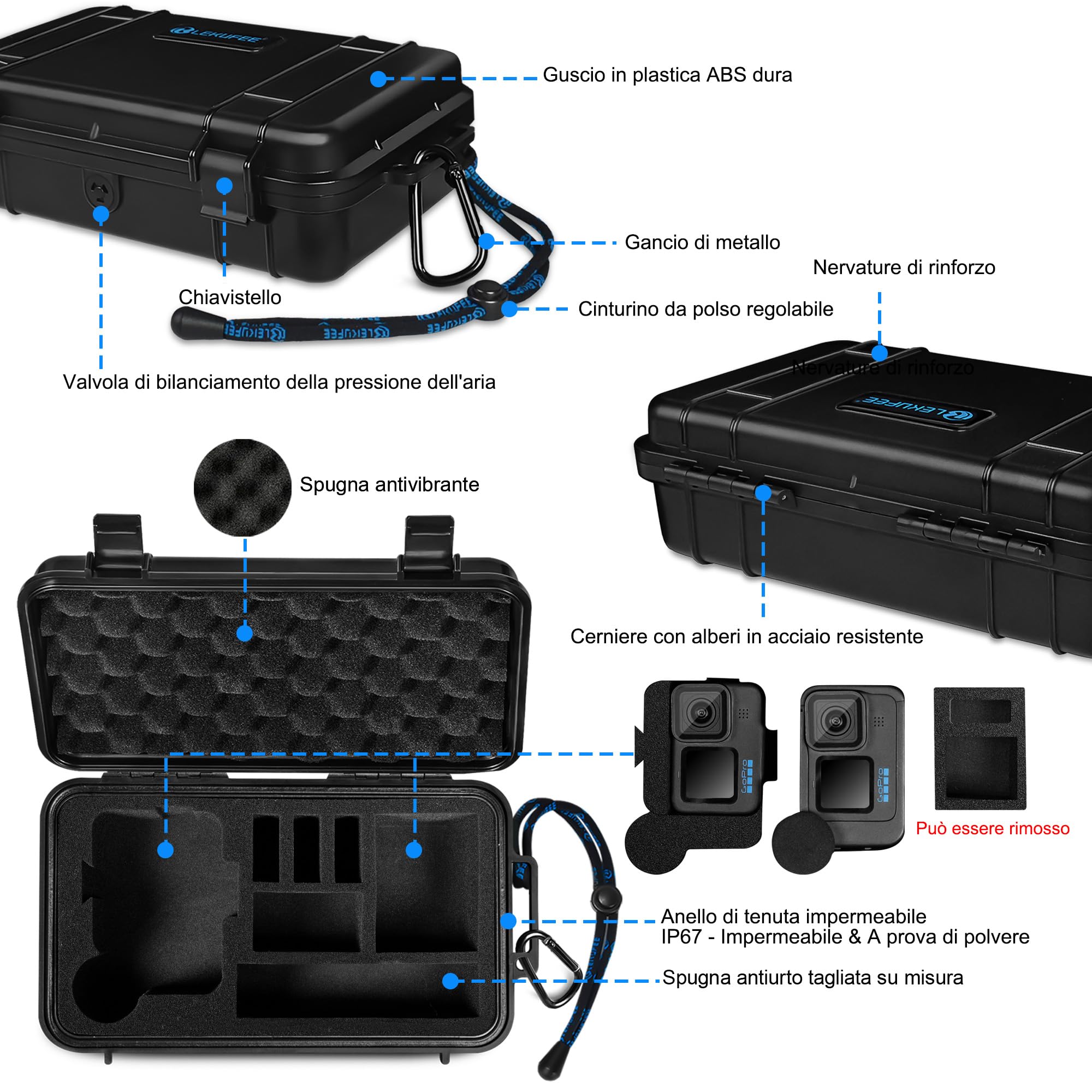Lekufee Custodia Rigida Impermeabile da Viaggio per Gopro Hero 13/12 / 11/10 / 9, Gopro LIT Hero, Hero 4K, Media Mod e altri accessori (solo custodia e borsa)