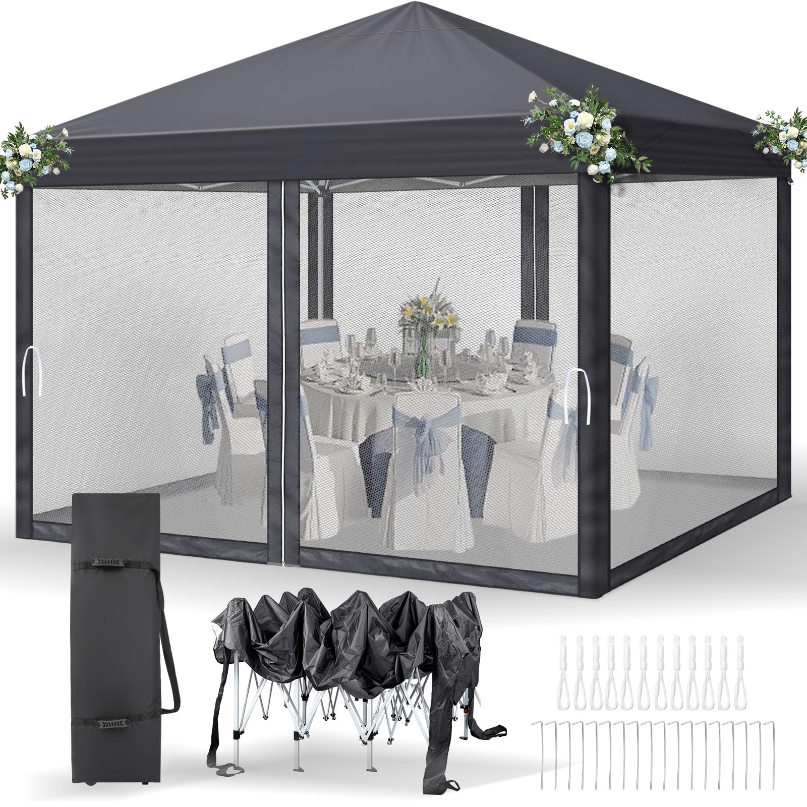 Bonnlo Pop Up Gazebo with Mesh Sides, Outdoor Garden Shelter with Mosquito Net, Instant Canopy Tent (3x3m)