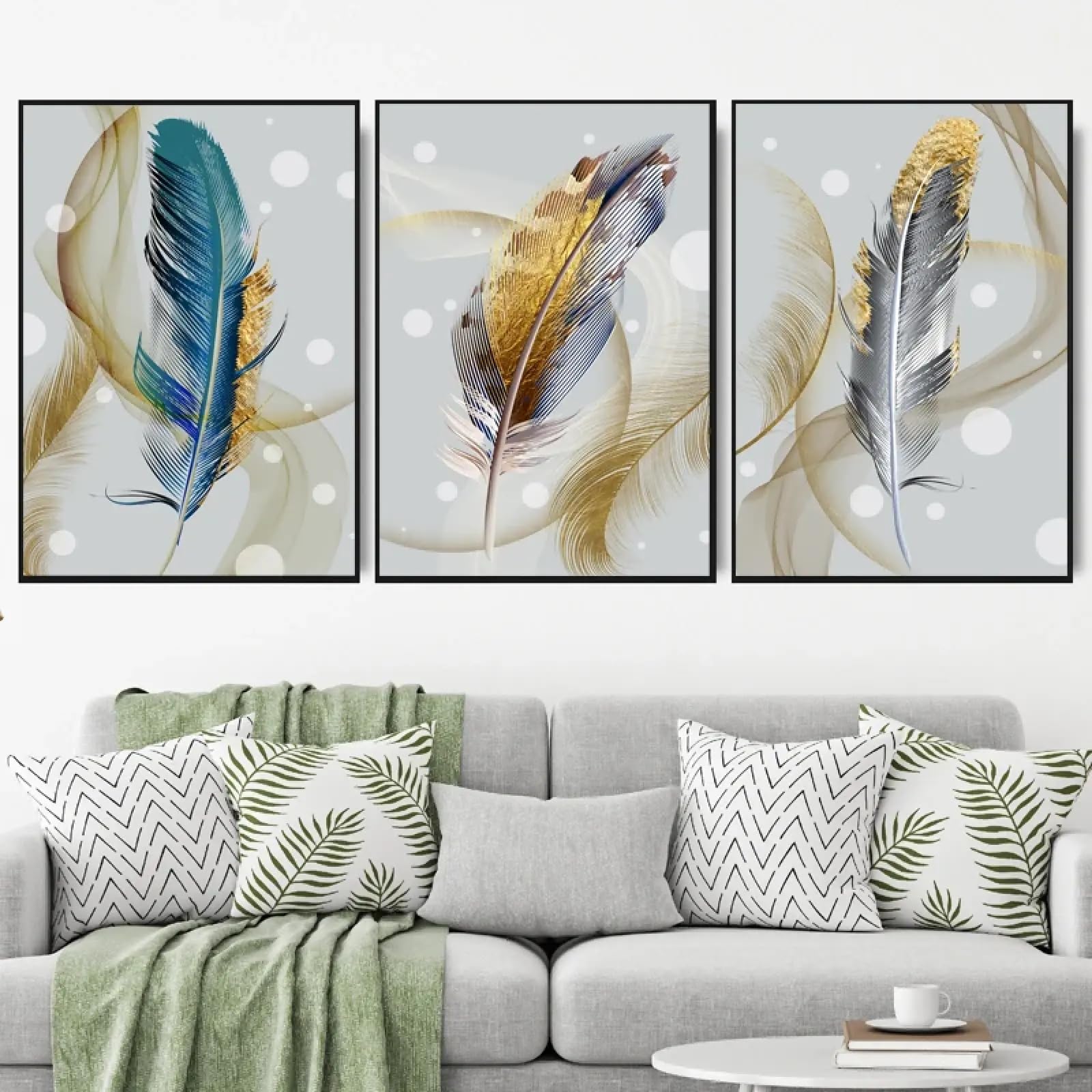 Impressions sur toile salon moderne avec grandes plumes dorées - 8