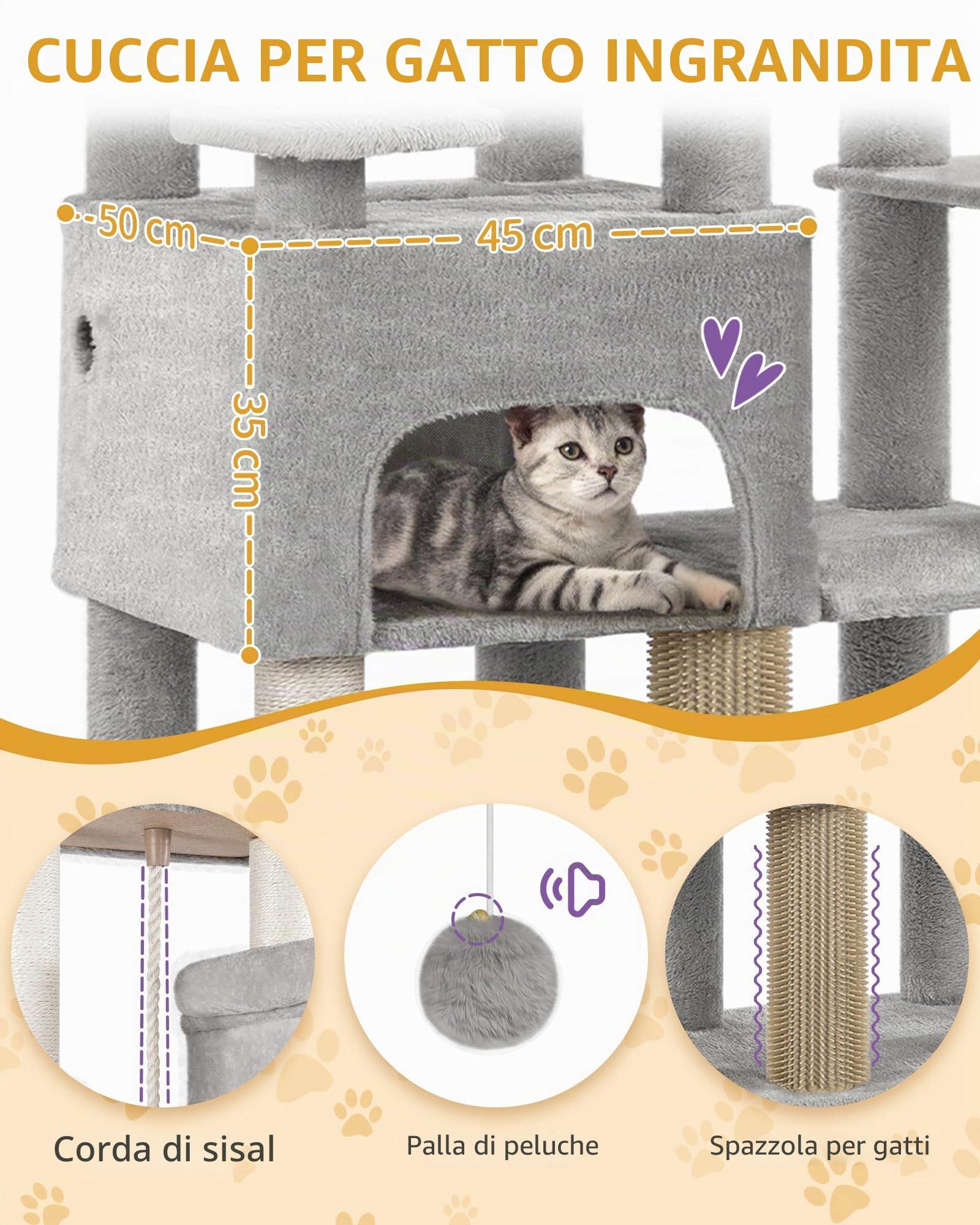 Hzuaneri Albero Gatto 200 cm Extra Large, Tiragraffi con 2 Cucce e 10 Sisal, Torre Resistente per Gatti Grandi Maine Coon, Include 2 Amache, Grigio Chiaro MS20018LG