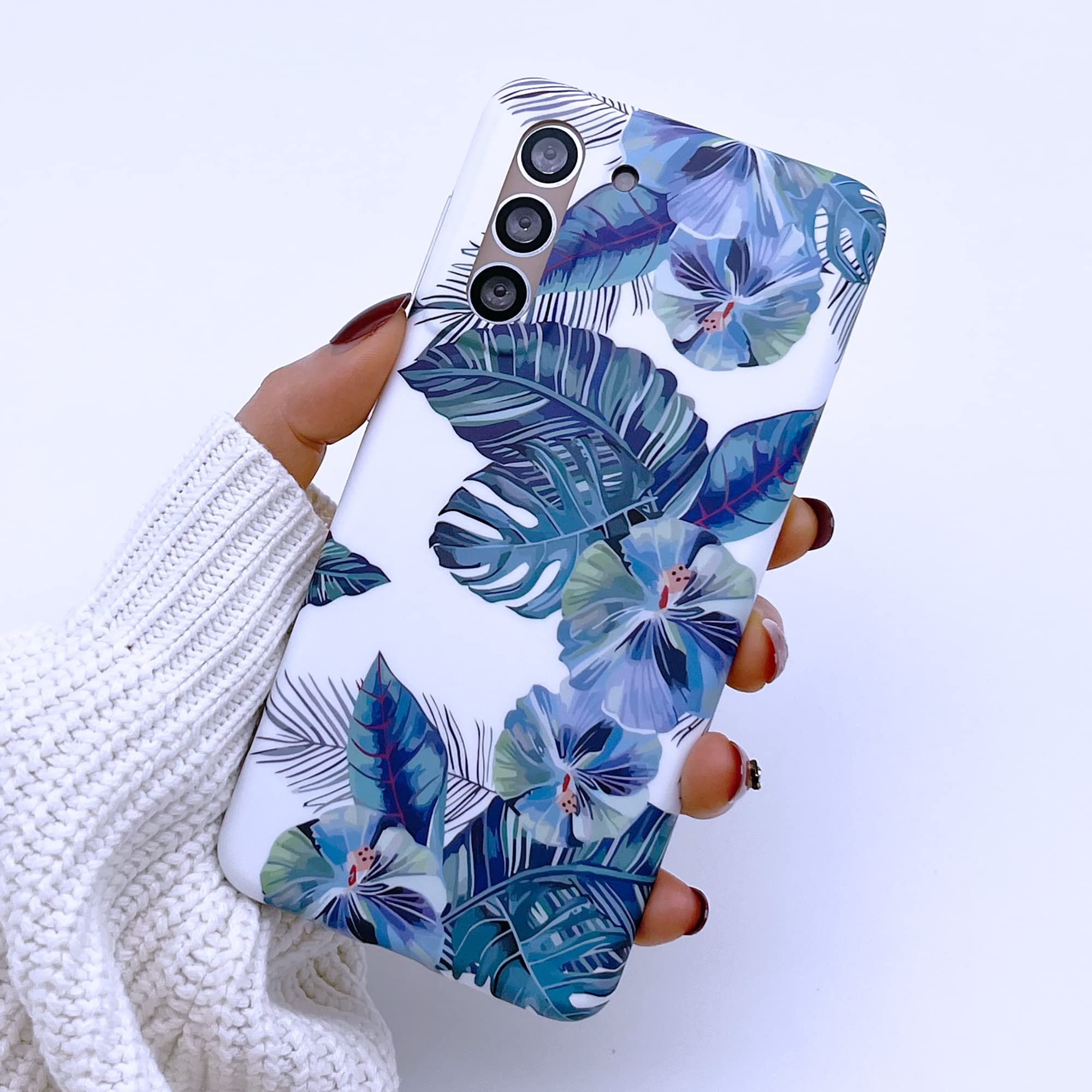WEIYU Compatible with Samsung Galaxy S21+ Soft Floral Case, 3D Blue Leaves Pattern White Shell Design, Rugged Slim fit Shock-Absorbing Soft Rubber TPU Skin Cover Case (Blue)