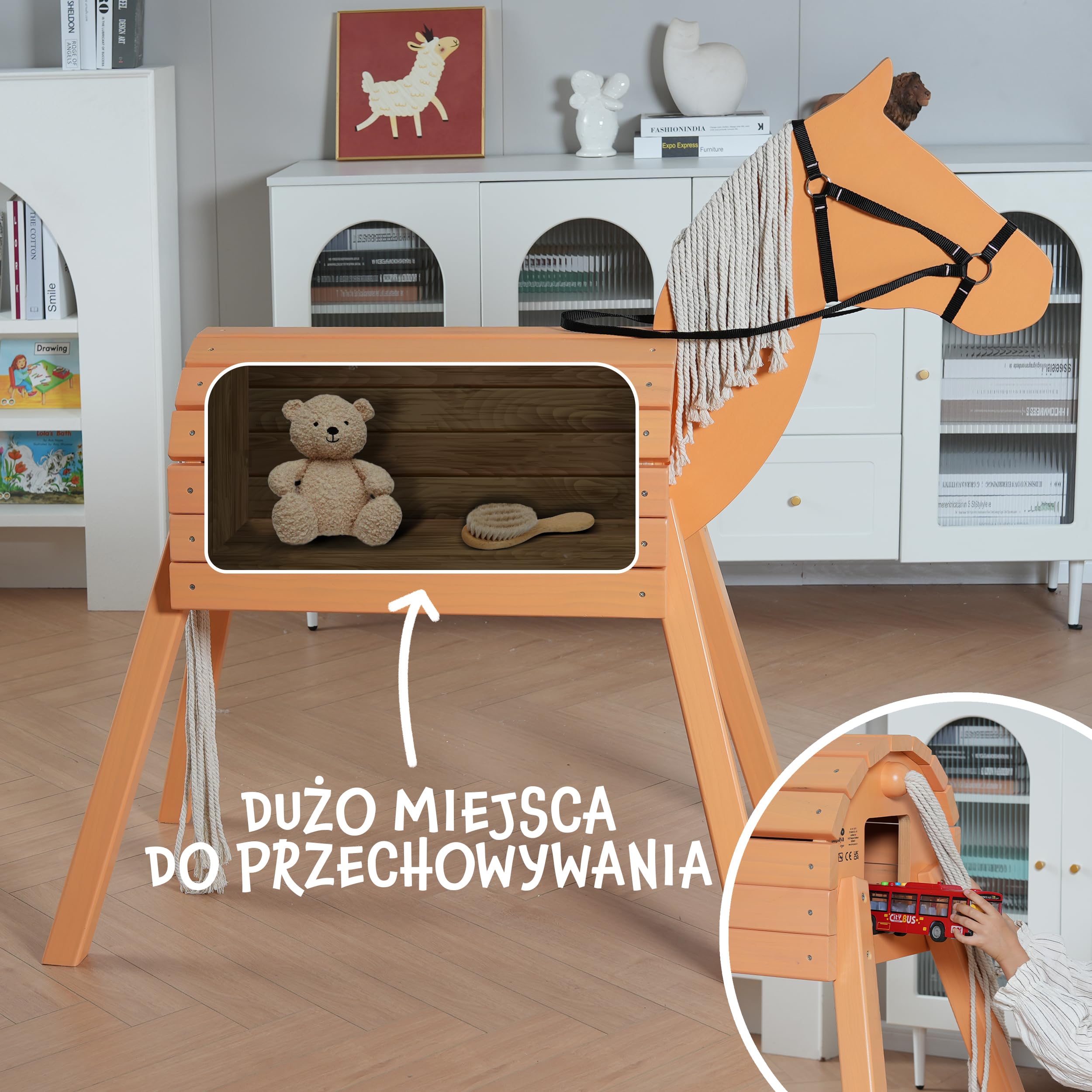 Pink Papaya Drewniany koń do użytku na zewnątrz, konik jeździecki z drewna dla dzieci, koń do zabawy XXL, do ogrodu, na zewnątrz, drewniany koń z grzywą i ogonem