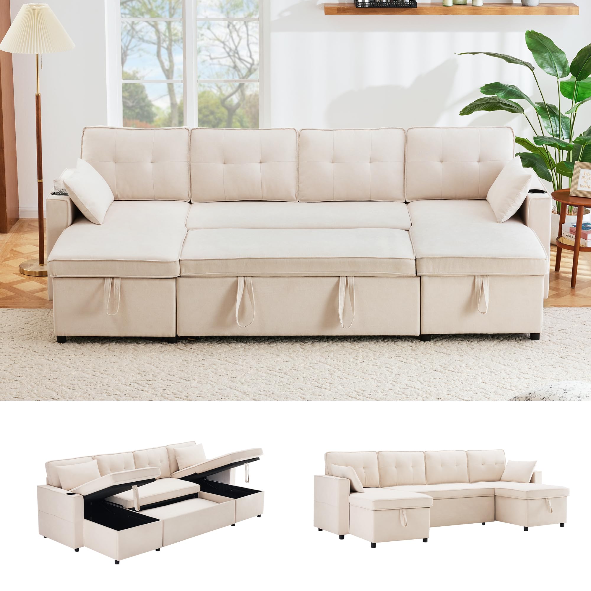 Bladez Divano letto a forma di L con portabevande intercambiabile Chaise Longue moderno soggiorno divano in lino di cotone (beige, 4 posti)