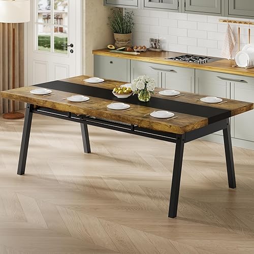 Mesa de comedor grande de 71 pulgadas de largo con 2 cajones y estante de almacenamiento de malla metálica, mesa de cocina rectangular con marco de