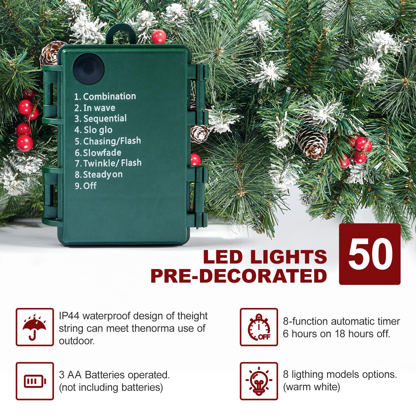 Guirnalda de Navidad artificial de 9 pies con 50 luces, decoración navideña de Navidad, guirnalda artificial con piñas y bayas para escaleras, chimeneas, puerta de pared para escaleras
