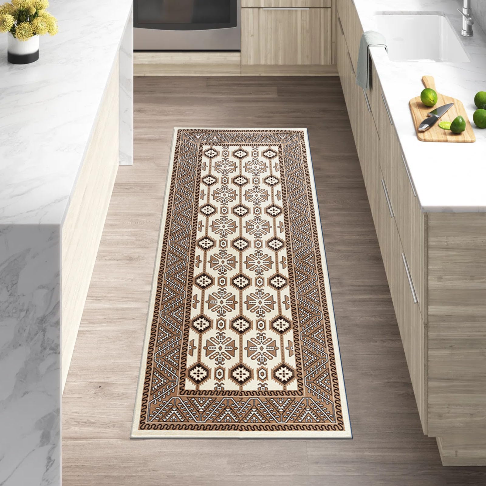 cozily® Runner Rugs For Hallway With Jute Back, Arta Traditional Rug Cream - 60 x 220 cm - Washable Rug For Kitchen and Hall Runner