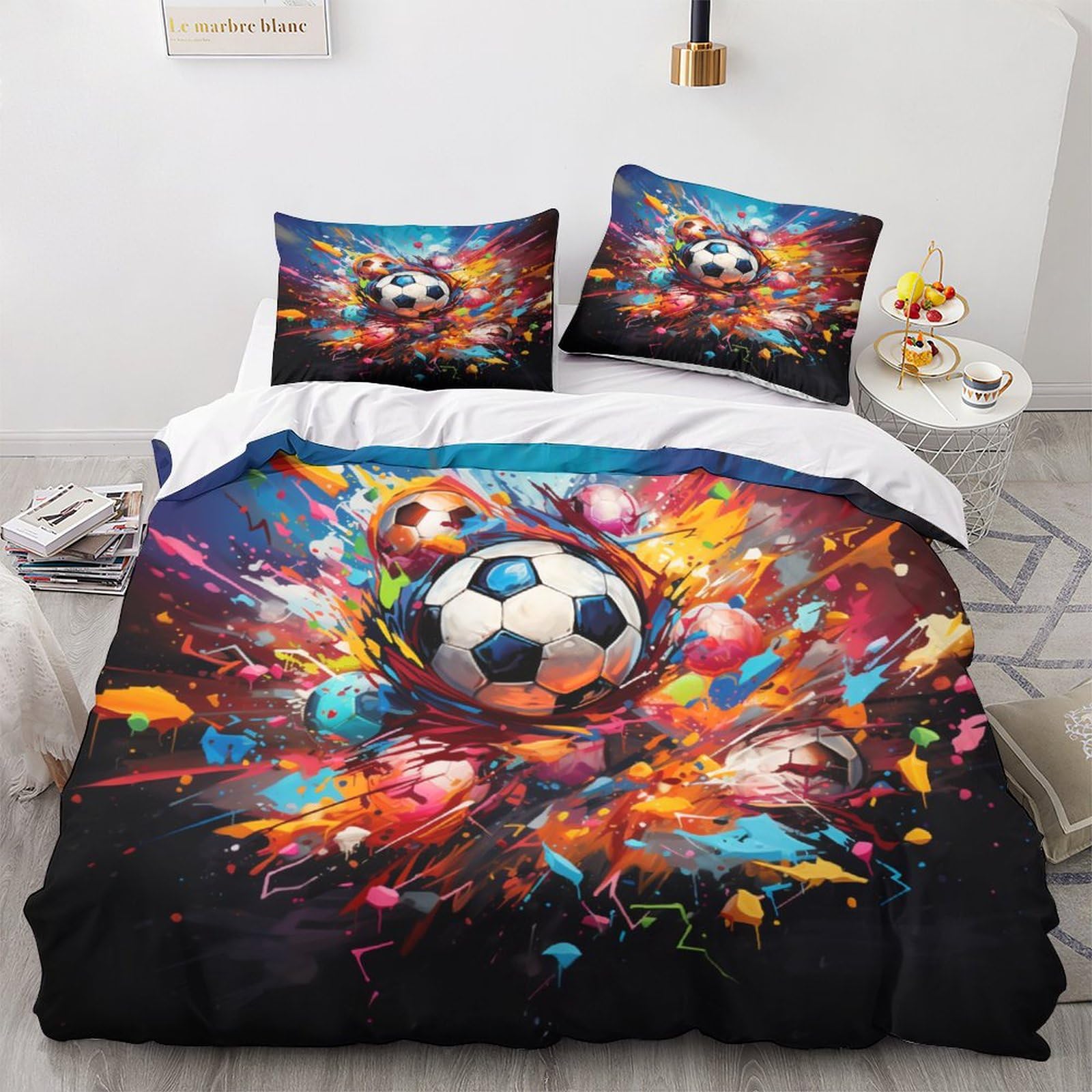 Housse de couette football 200x200 cm avec 2 taies d'oreiller pour lit double