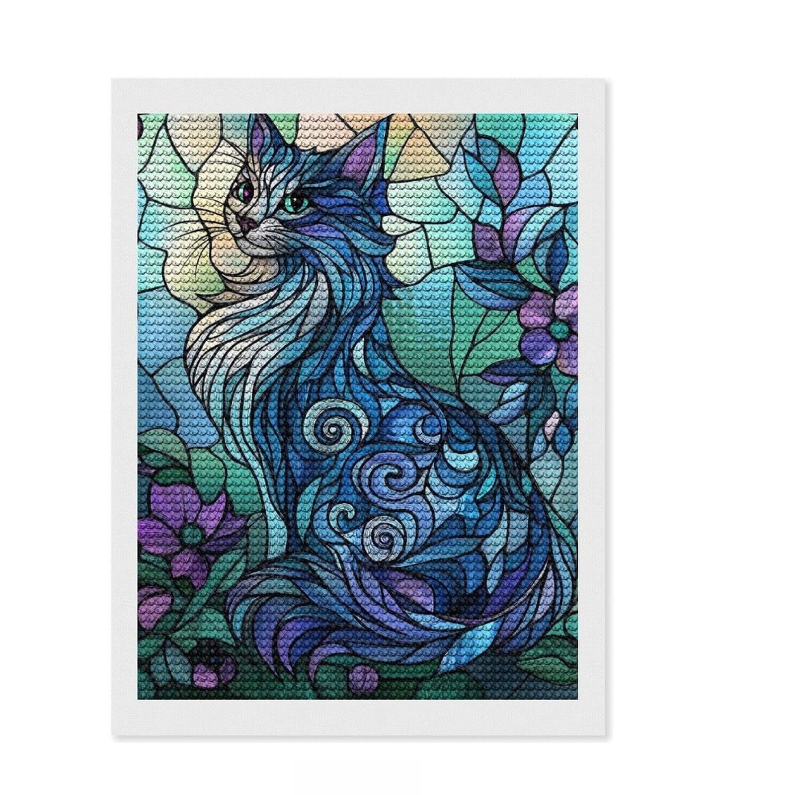 Junmoney Stained Glass Cat Diamond Art Canvas 12"x16", Home Wall Decor, for Craft Lovers, Stress Relief Craft, Holiday Gift Idea