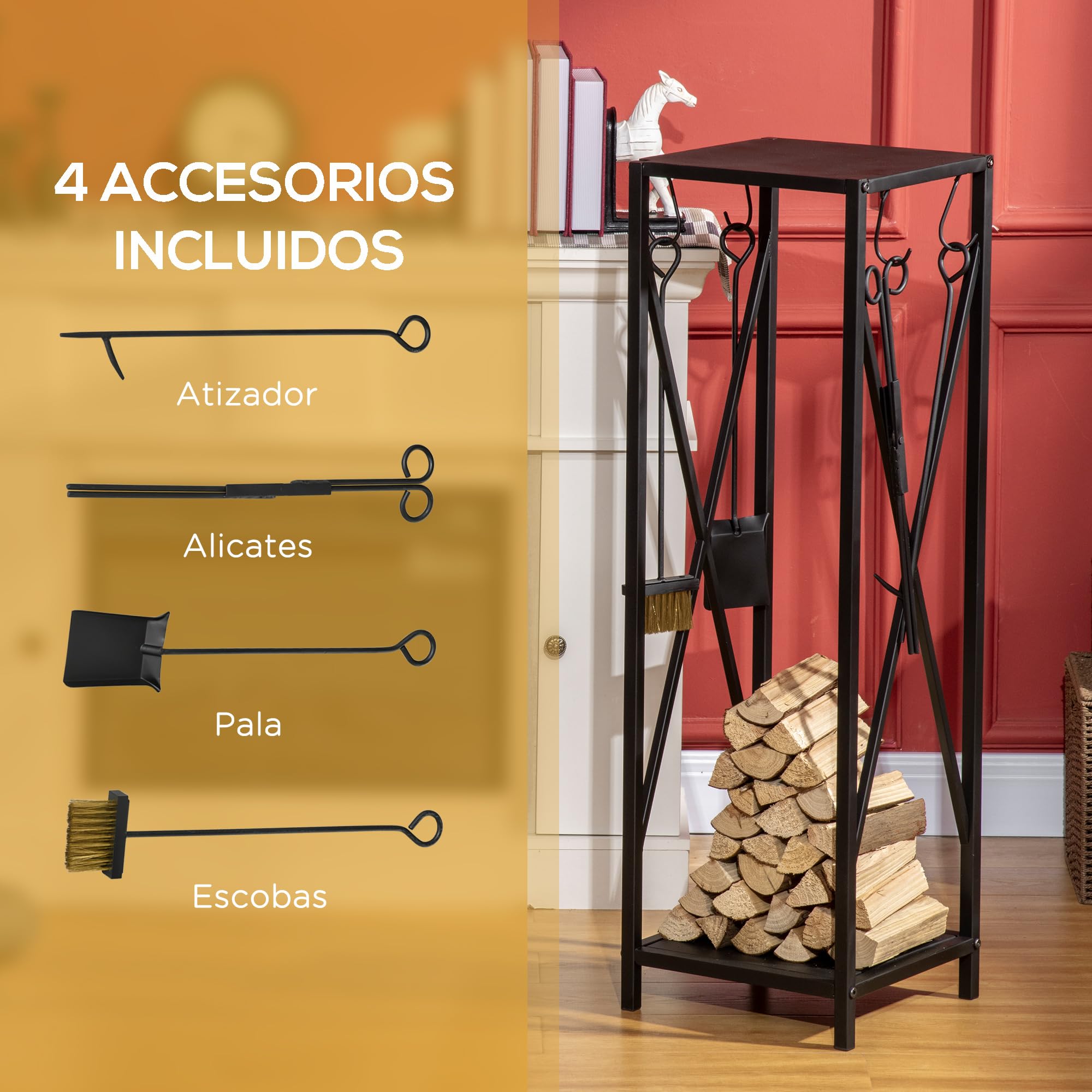 Outsunny Soporte para Leña Estante de Leña Metálico Leñero de Exterior con Ganchos Pala Cepillo Atizador y Tenazas Carga 65 kg para Interior y Exterior 34x34x111 cm Negro