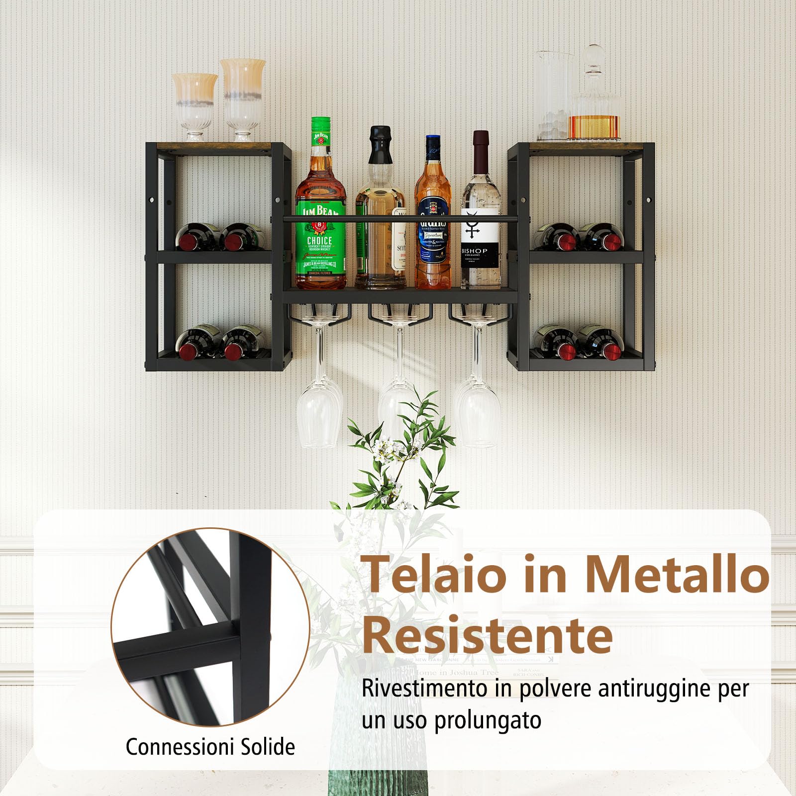 RELAX4LIFE Scaffale da Parete per Vini, Portabottiglie Sospeso con Portabicchieri, Ripiani Aperti, Struttura in Metallo, Stile Industriale, per Cucina, Bar, Sala da Pranzo, 89 x 25 x 40 cm