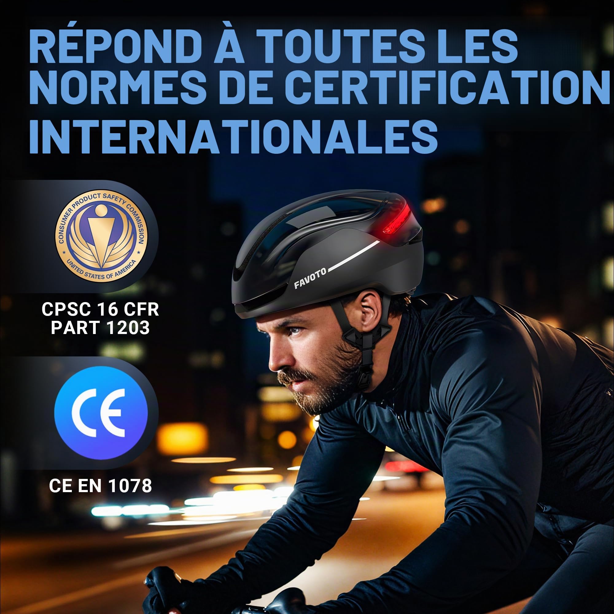 Favoto Casque de vélo Intelligent avec lumières et Clignotants, certifié CE, Casque de Cyclisme pour Adultes avec télécommande, 3 Modes d'éclairage Rouge : Respiration, Clignotant, Fixe