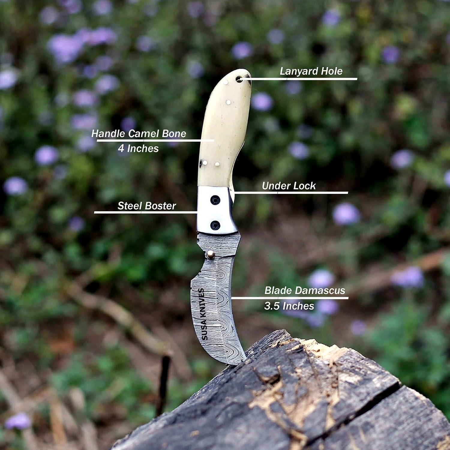 Damascus Steel Hwakbill Pocket Folding Knife rasp steel Pocket Knives for Outdoor, Camping, Hiking Inner Lock Blade EDC knife pancake leather sheath (DAMSCUS BONE)