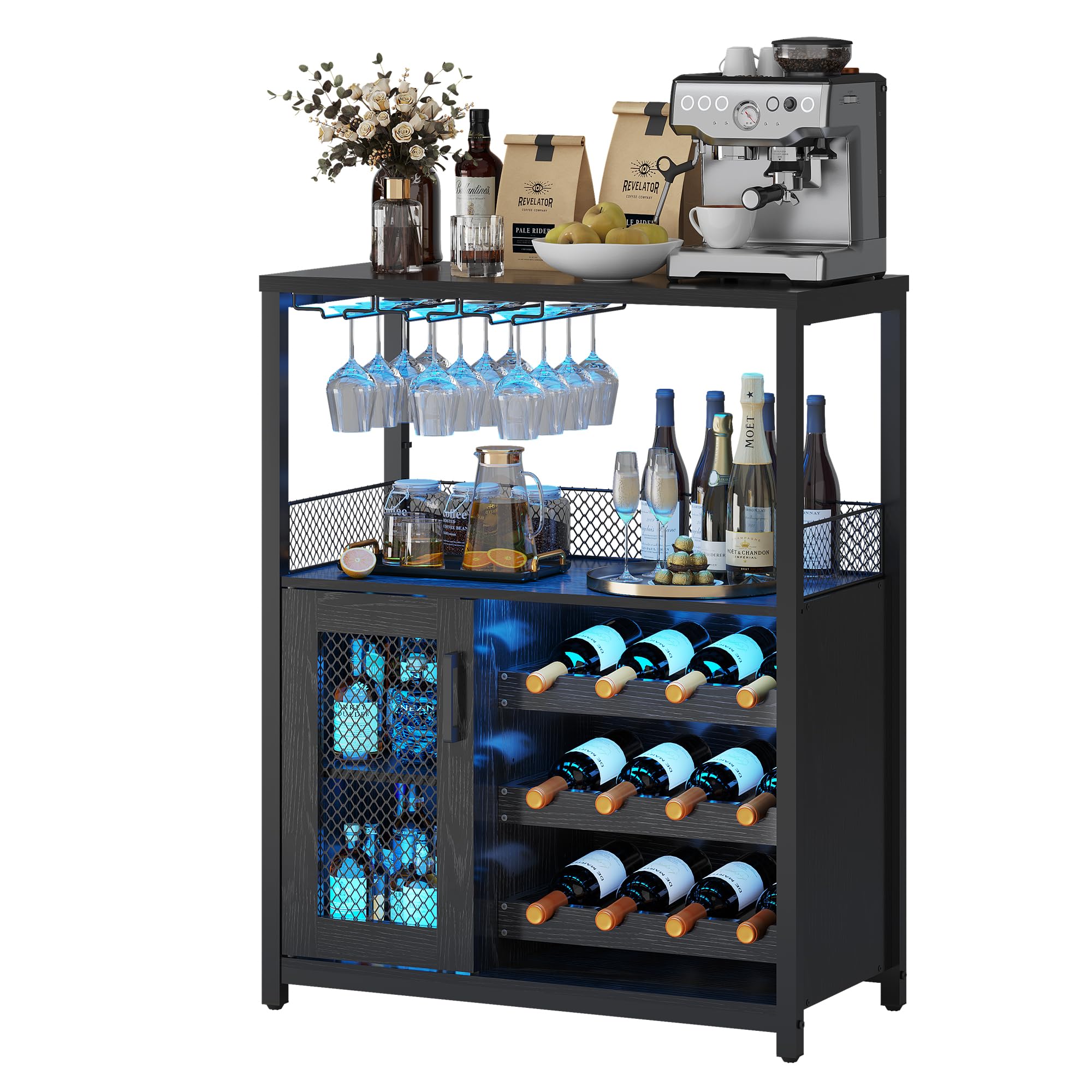 Vintage Industrial Wine Bar Cabinet with Adjustable Wine Racks and Glass Holders, Mesh Door Sideboard Storage Cabinet for Living Room, Kitchen, Dining Room, Compact Design, Black with Light