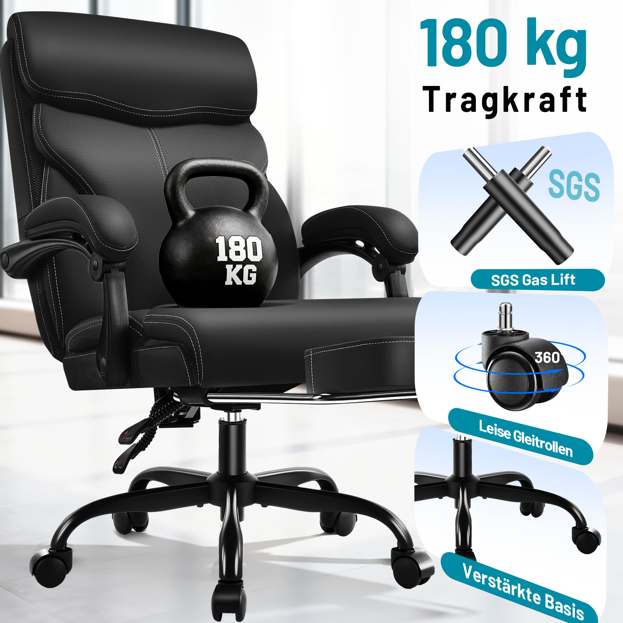 Ergonomischer Chefsessel mit Fußstütze bis 180 kg, Schwarz | Kunstlederbezug, verstellbare Armlehnen, hohe Rückenlehne, Liegefunktion, ideal für Büro & Homeoffice