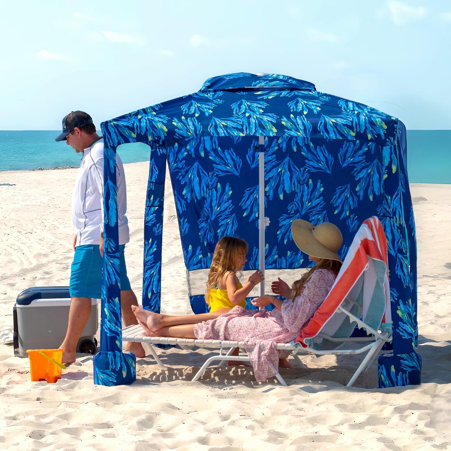 AMMSUN Beach Cabana, 6.2'×6.2' Beach Canopy, Easy Set up and Take Down, Cabana Tent with Sand Pockets, Instant Sun Shade with Side Wall, Coral Tropical