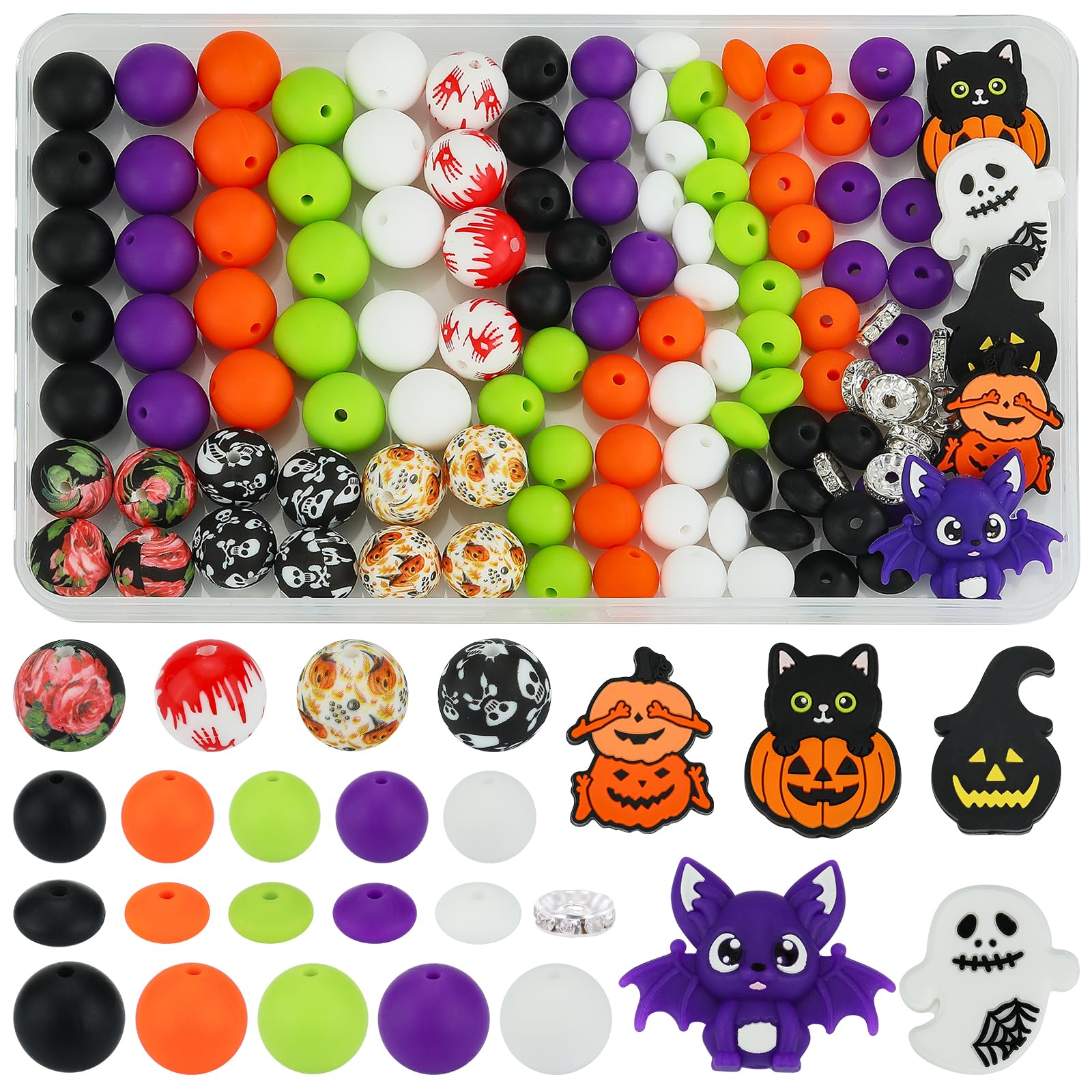 HUAAPLEVLA 121 Pcs Halloween Themed 12mm 15mm Silicone Beads Kit for Keychain Making Christmas 3D Bat Beads Round Focal Beads for Pens Bracelets Necklace DIY Crafts Jewelry Making